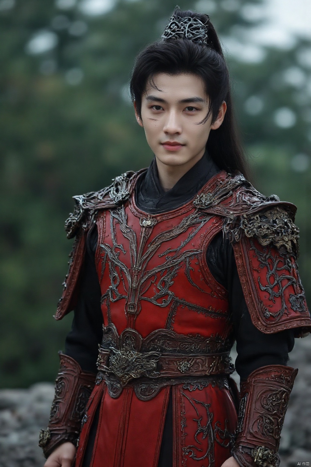 wuxia,Very realistic style,HD photography style,a man,outdoors,red armor