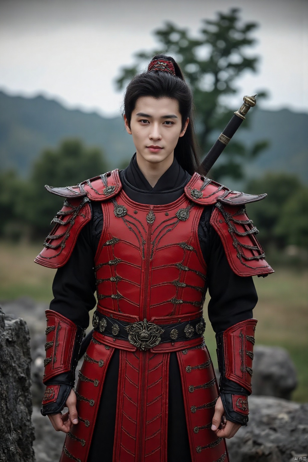 wuxia,Very realistic style,HD photography style,a man,outdoors,red armor