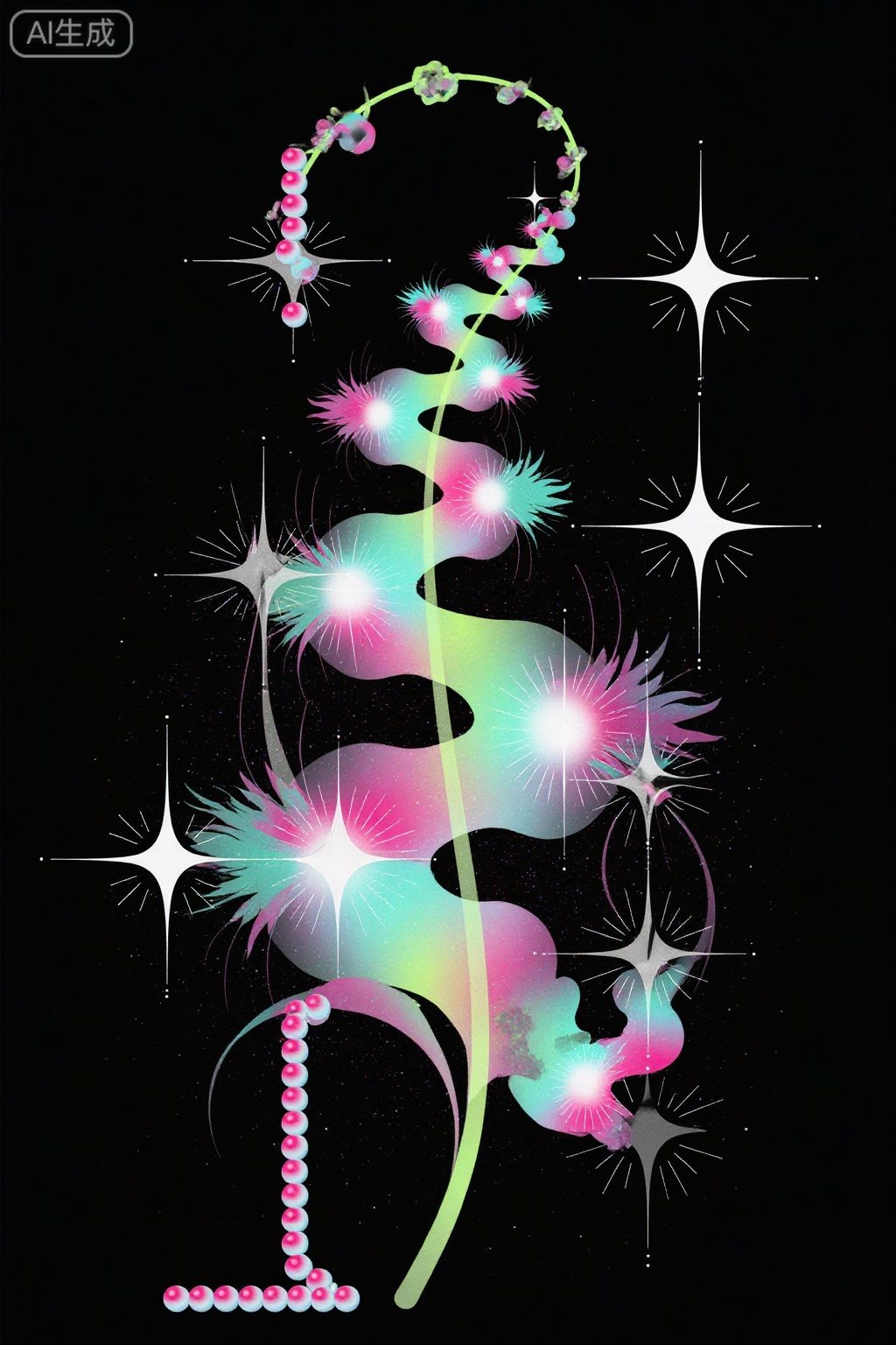 Nebula Fern: The surface of the leaves is covered with rotating galaxy vortexes, and the veins are supernova remains