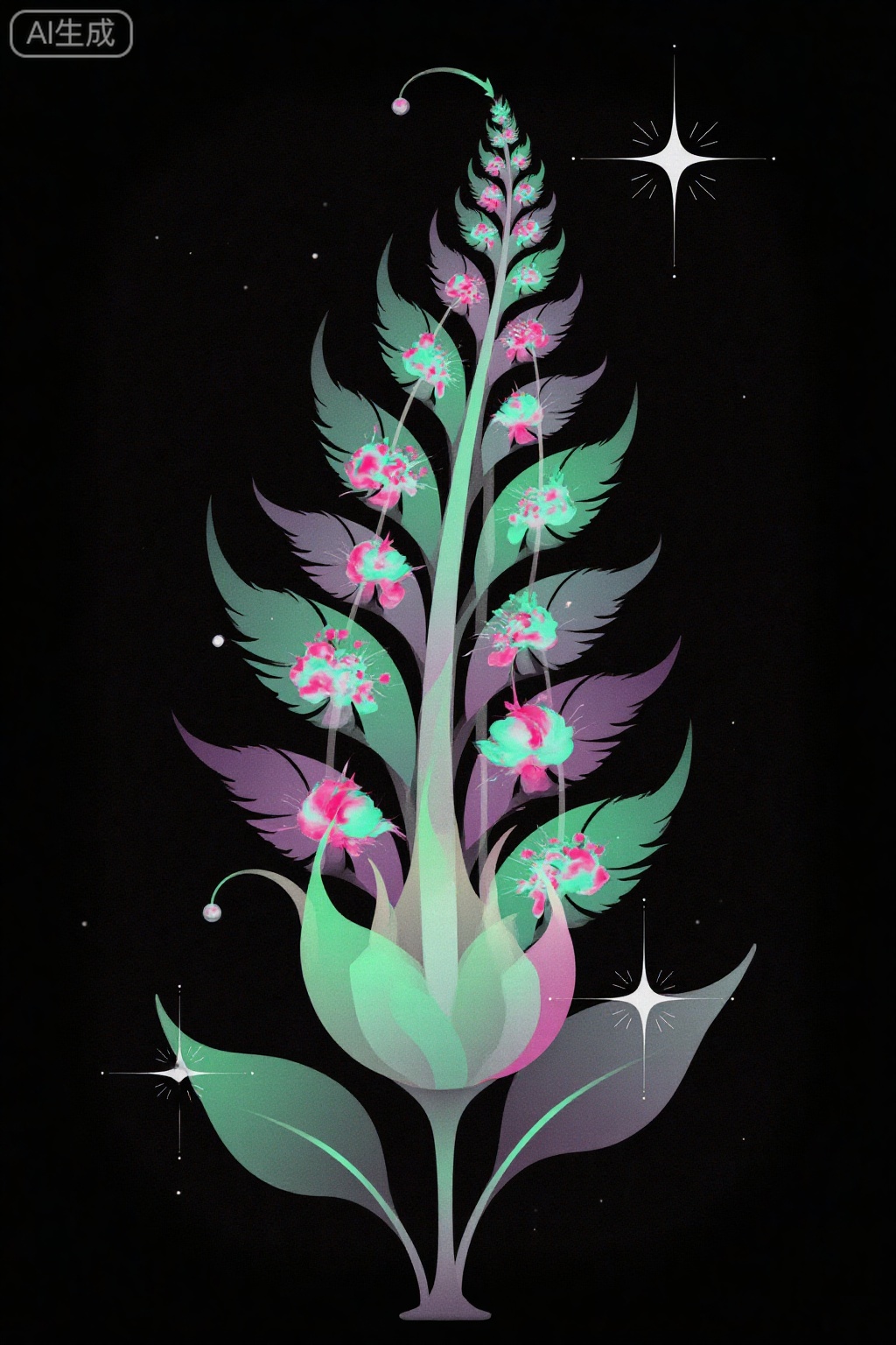 Nebula Fern: The surface of the leaves is covered with rotating galaxy vortexes, and the veins are supernova remains