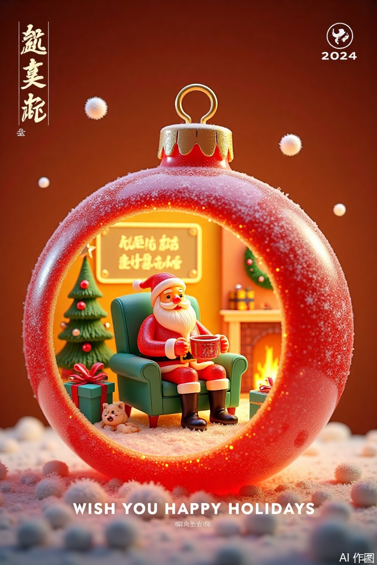 Made with clear candy,3D cartoon style scene,This is a colorful,whimsical digital illustration in a cartoon style,depicting a festive Christmas scene inside a large,red Christmas ornament. The ornament's interior is detailed with various Christmas decorations,including a glowing neon sign that reads "Double Dan Dan New Year" in cursive,and a glowing fireplace with a warm,crackling fire. Inside the ornament,a cozy living room scene is depicted: a green couch with a green blanket,a small television showing a green channel,and a green Christmas tree. A green gift box is placed on the floor,and a green Christmas wreath hangs on the wall. Two small,white puffs of snow float in the air., In the center of the scene,Santa Claus,dressed in his traditional red suit,is sitting in a large armchair,smiling and holding a mug of hot cocoa. Next to him,a small,white cat is curled up in a blue cushion. The background is a gradient of warm colors transitioning from orange at the top to red at the bottom,adding a festive atmosphere. At the top left,there are Chinese characters and at the top right,the date "2024" is displayed in white. The bottom left corner has the text "WISH YOU HAPPY HOLIDAYS" in white.,
