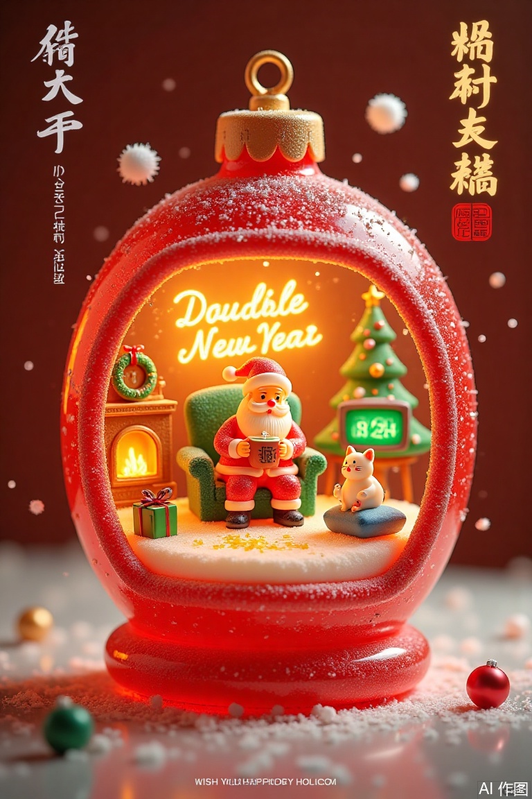 Made with clear candy,3D cartoon style scene,This is a colorful,whimsical digital illustration in a cartoon style,depicting a festive Christmas scene inside a large,red Christmas ornament. The ornament's interior is detailed with various Christmas decorations,including a glowing neon sign that reads "Double Dan Dan New Year" in cursive,and a glowing fireplace with a warm,crackling fire. Inside the ornament,a cozy living room scene is depicted: a green couch with a green blanket,a small television showing a green channel,and a green Christmas tree. A green gift box is placed on the floor,and a green Christmas wreath hangs on the wall. Two small,white puffs of snow float in the air., In the center of the scene,Santa Claus,dressed in his traditional red suit,is sitting in a large armchair,smiling and holding a mug of hot cocoa. Next to him,a small,white cat is curled up in a blue cushion. The background is a gradient of warm colors transitioning from orange at the top to red at the bottom,adding a festive atmosphere. At the top left,there are Chinese characters and at the top right,the date "2024" is displayed in white. The bottom left corner has the text "WISH YOU HAPPY HOLIDAYS" in white.,
