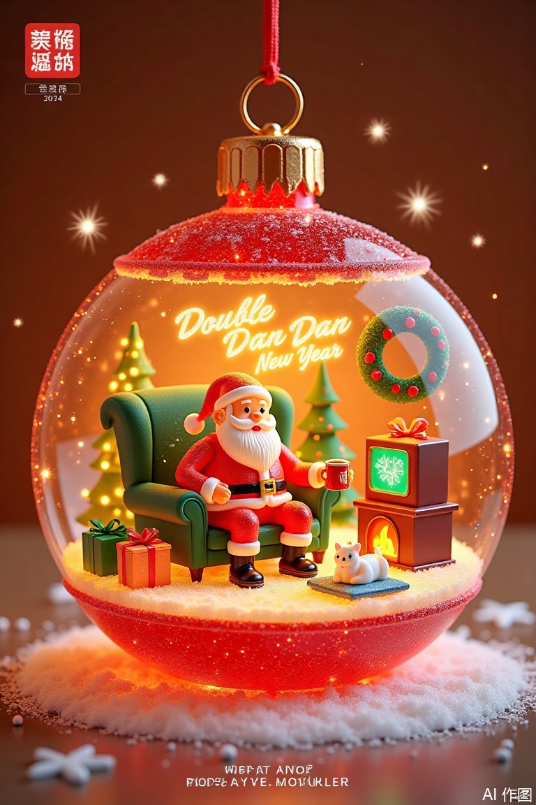 Made with clear candy,3D cartoon style scene,This is a colorful,whimsical digital illustration in a cartoon style,depicting a festive Christmas scene inside a large,red Christmas ornament. The ornament's interior is detailed with various Christmas decorations,including a glowing neon sign that reads "Double Dan Dan New Year" in cursive,and a glowing fireplace with a warm,crackling fire. Inside the ornament,a cozy living room scene is depicted: a green couch with a green blanket,a small television showing a green channel,and a green Christmas tree. A green gift box is placed on the floor,and a green Christmas wreath hangs on the wall. Two small,white puffs of snow float in the air., In the center of the scene,Santa Claus,dressed in his traditional red suit,is sitting in a large armchair,smiling and holding a mug of hot cocoa. Next to him,a small,white cat is curled up in a blue cushion. The background is a gradient of warm colors transitioning from orange at the top to red at the bottom,adding a festive atmosphere. At the top left,there are Chinese characters and at the top right,the date "2024" is displayed in white. The bottom left corner has the text "WISH YOU HAPPY HOLIDAYS" in white.,
