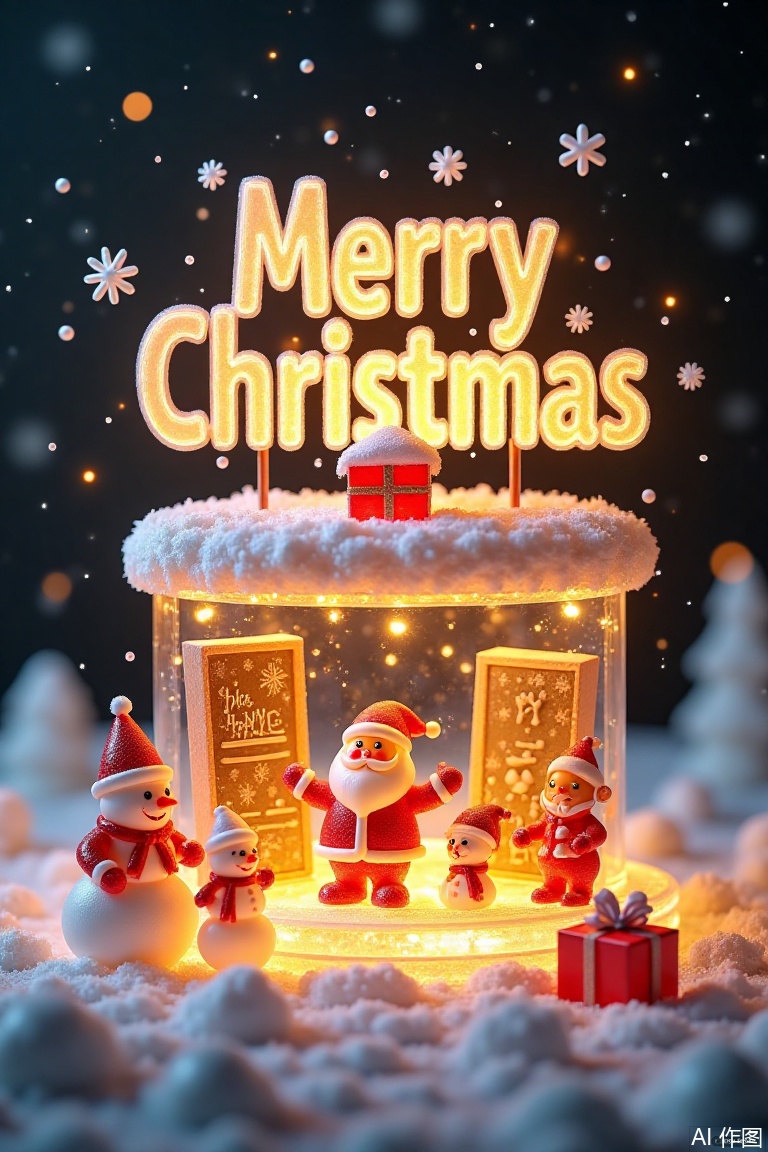 with "Merry Christmas",top view,surreal scene,Christmas,3D cartoon style,digital illustration of a rural,Christmas store,clear glass. Above it says:a huge logo surrounded by Snow. The sky is gold with snowflakes floating above the store,there is a cute Santa Claus in front of the store,elves and snowmen on the stage,and the poster has a dark gold background. There is a small gift box next to it,,3d,oc rendering,c4d,Christmas-scenery,ice-scenery,ice sculpture,ice style,made of ice,transparent,Made with clear candy
