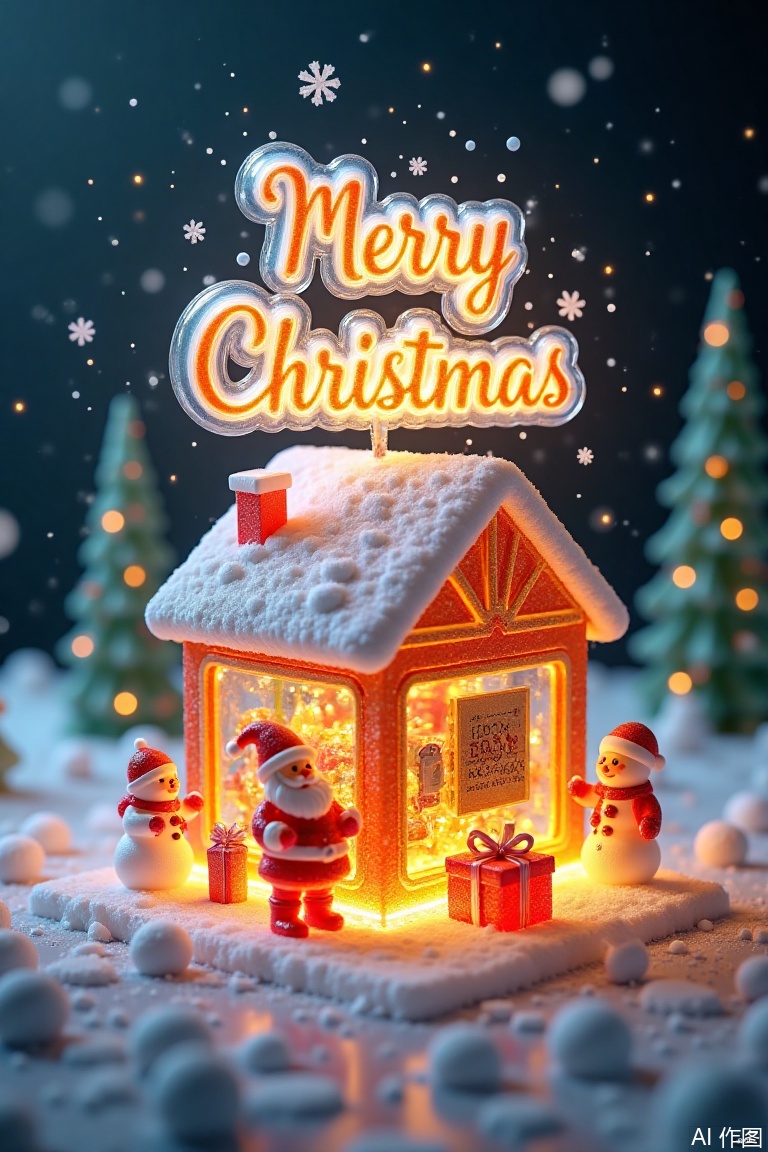 with "Merry Christmas",top view,surreal scene,Christmas,3D cartoon style,digital illustration of a rural,Christmas store,clear glass. Above it says:a huge logo surrounded by Snow. The sky is gold with snowflakes floating above the store,there is a cute Santa Claus in front of the store,elves and snowmen on the stage,and the poster has a dark gold background. There is a small gift box next to it,,3d,oc rendering,c4d,Christmas-scenery,ice-scenery,ice sculpture,ice style,made of ice,transparent,Made with clear candy
