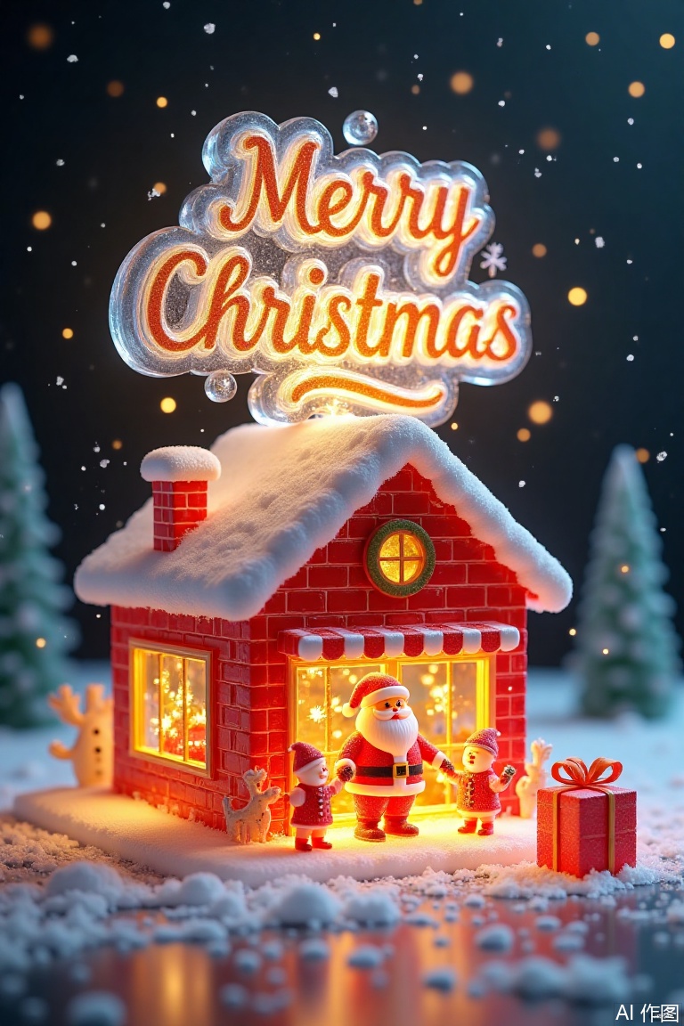 with "Merry Christmas",top view,surreal scene,Christmas,3D cartoon style,digital illustration of a rural,Christmas store,clear glass. Above it says:a huge logo surrounded by Snow. The sky is gold with snowflakes floating above the store,there is a cute Santa Claus in front of the store,elves and snowmen on the stage,and the poster has a dark gold background. There is a small gift box next to it,,3d,oc rendering,c4d,Christmas-scenery,ice-scenery,ice sculpture,ice style,made of ice,transparent,Made with clear candy

