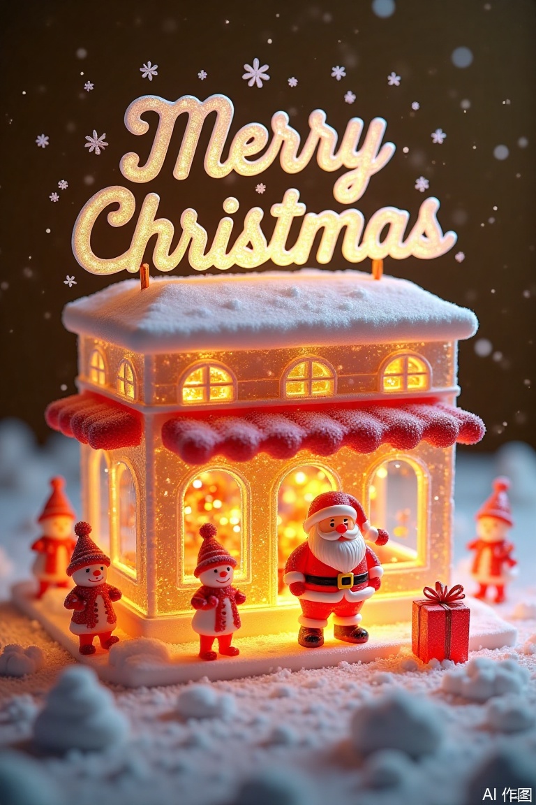 with "Merry Christmas",top view,surreal scene,Christmas,3D cartoon style,digital illustration of a rural,Christmas store,clear glass. Above it says:a huge logo surrounded by Snow. The sky is gold with snowflakes floating above the store,there is a cute Santa Claus in front of the store,elves and snowmen on the stage,and the poster has a dark gold background. There is a small gift box next to it,,3d,oc rendering,c4d,Christmas-scenery,ice-scenery,ice sculpture,ice style,made of ice,transparent,Made with clear candy
