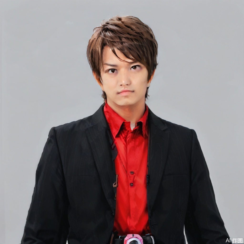 masterpiece, best quality,solo,((white background:1.2)),simple background,
looking at viewer,dcd,1boy,male focus,brown hair,shirt,realistic,jacket,suit,camera,belt,brown eyes,red shirt