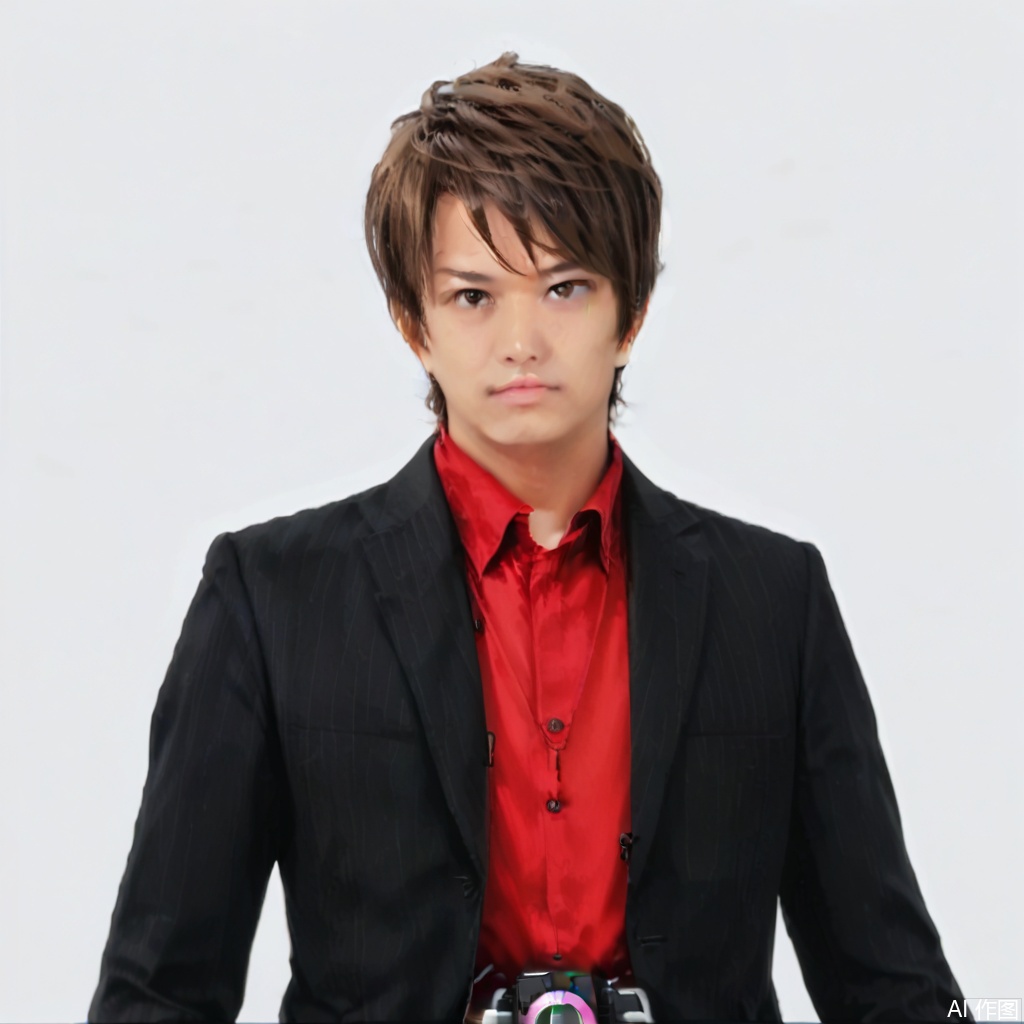 masterpiece, best quality,solo,((white background:1.2)),simple background,
looking at viewer,dcd,1boy,male focus,brown hair,shirt,realistic,jacket,suit,camera,belt,brown eyes,red shirt