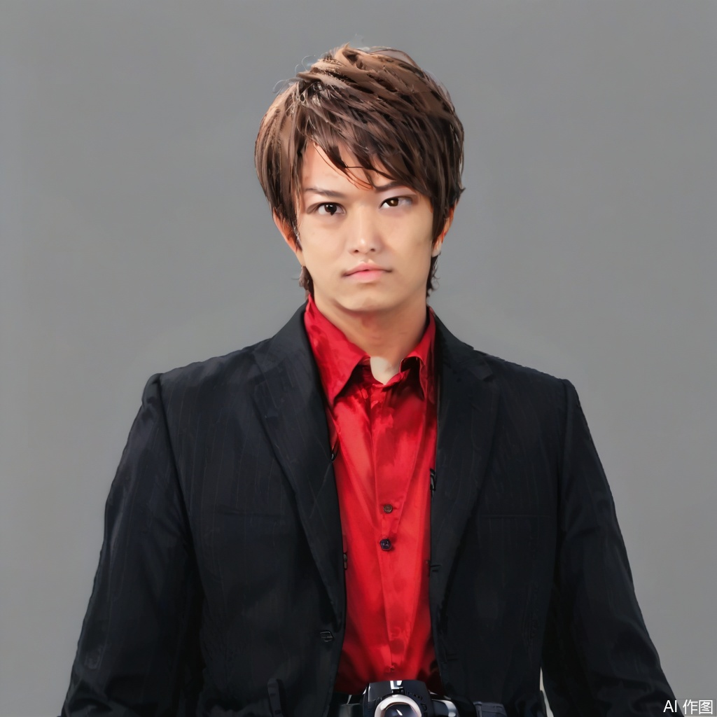 masterpiece, best quality,solo,((white background:1.2)),simple background,
looking at viewer,dcd,1boy,male focus,brown hair,shirt,realistic,jacket,suit,camera,belt,brown eyes,red shirt