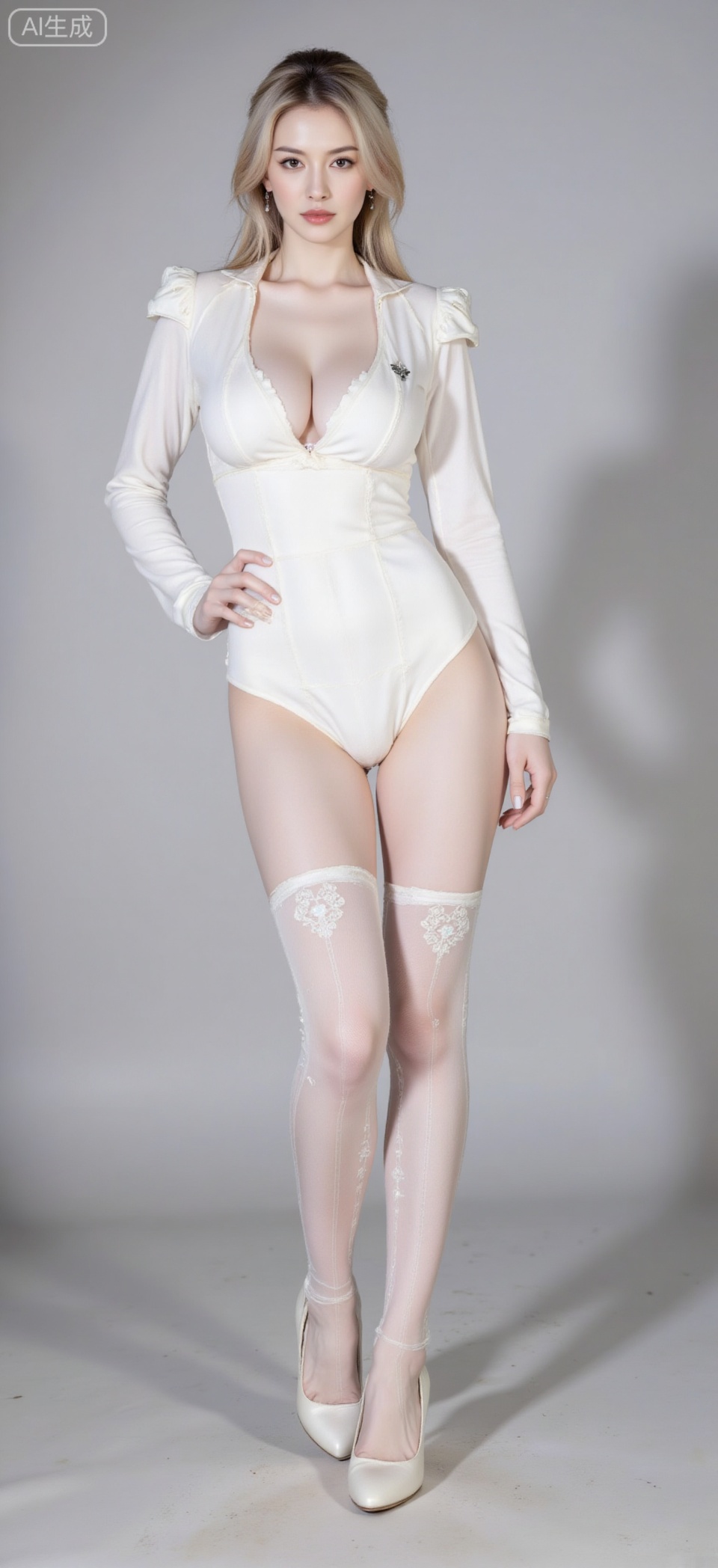 Super long legs and big breasts,  with extremely high beauty. In the style of Kendall Jenner's work,  her light golden str...