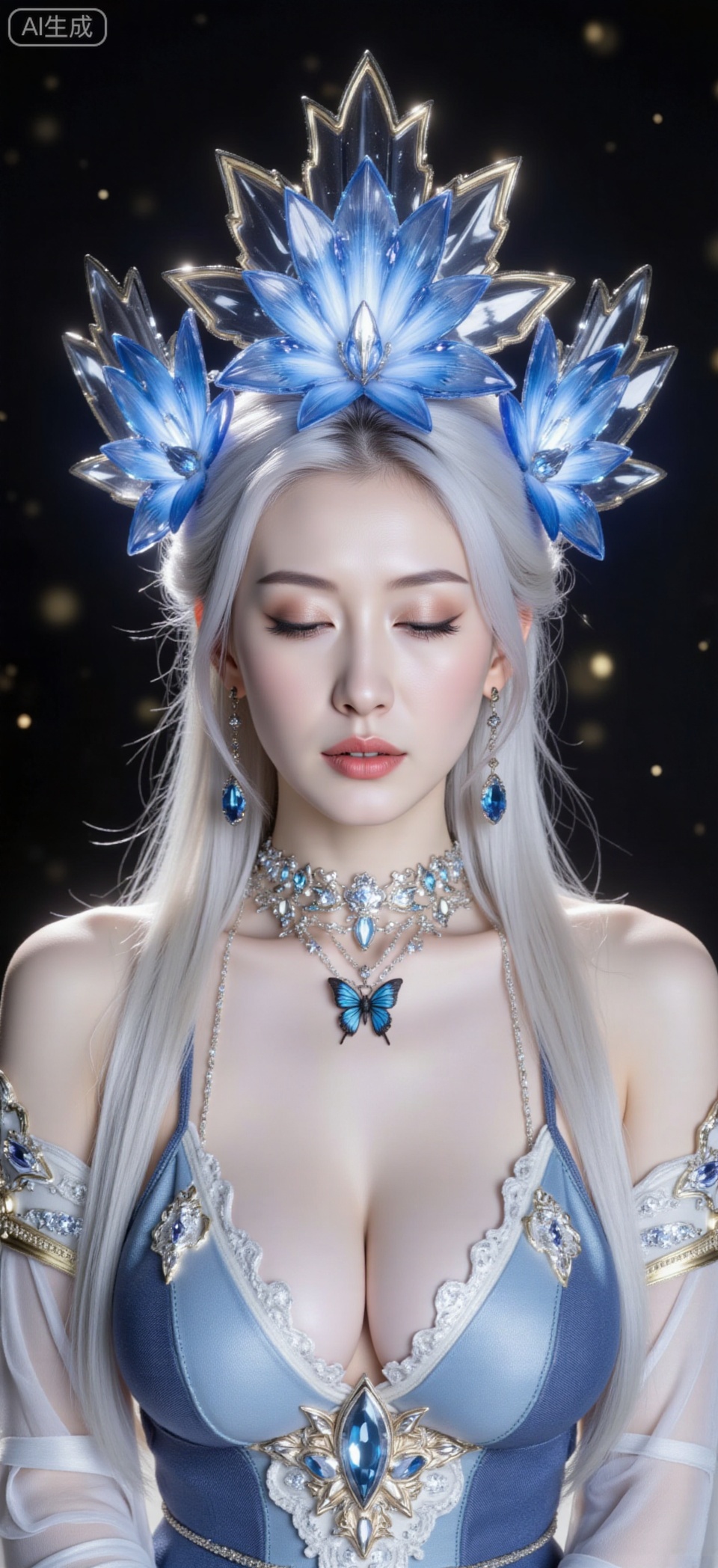 A futuristic,  A silver-haired woman stood still with her eyes closed. Her face was as cold as snow,  and her eyeshadow sh...