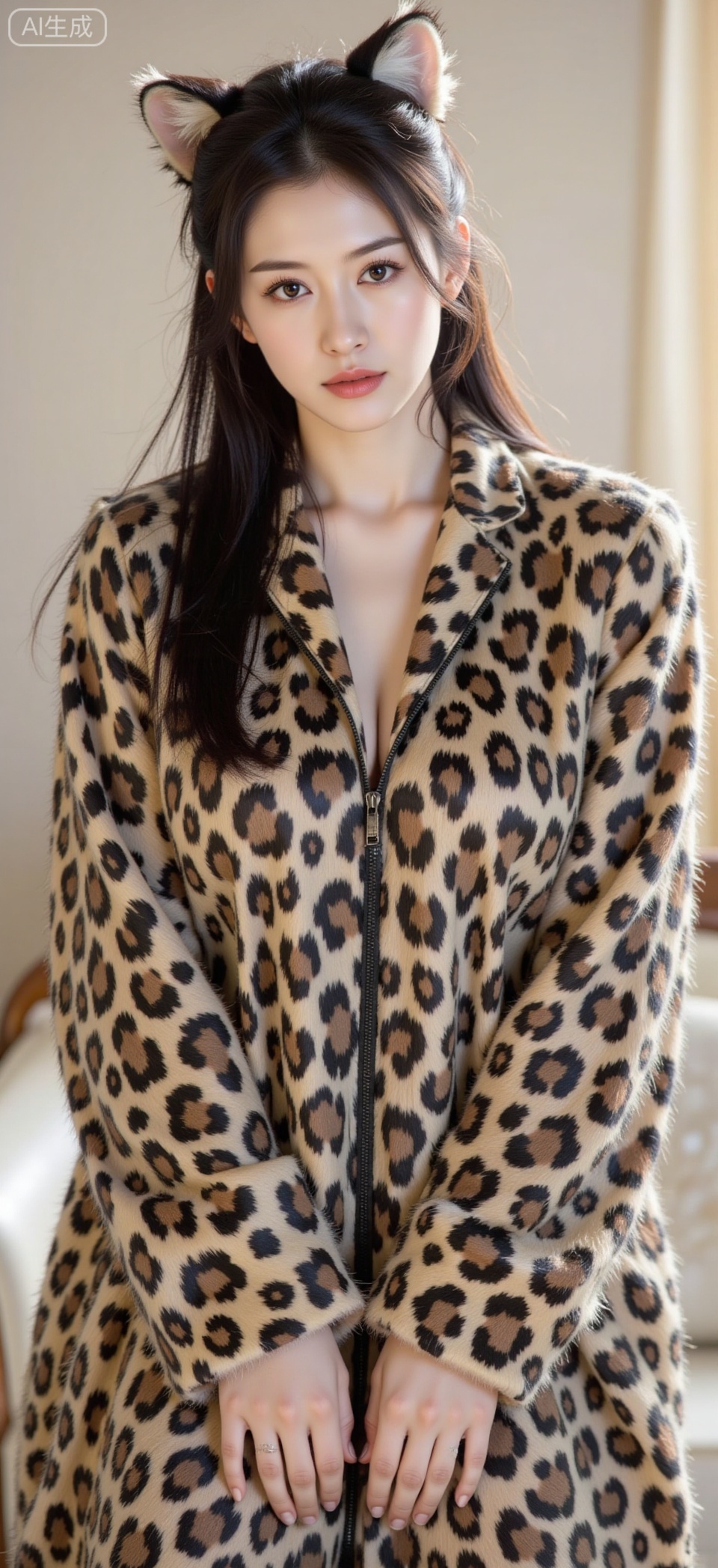 Create a half-length close-up of a stunningly beautiful girl, pure and cute, wearing a full-body furry leopard print outfit. The realistic and soft texture of the fur makes her look incredibly huggable. Her cute leopard paws end her upper limbs, adding to her adorable charm. Capture the scene in 8K resolution with a movie texture, emphasizing the intimate close-up perspective.