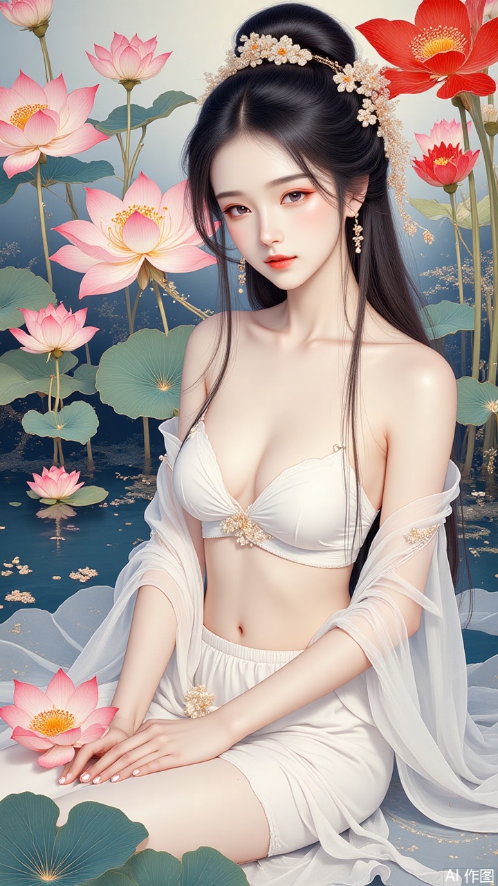 A highly detailed black sumi-e gongbi painting depicts a maiden with long hair, immersed in a lotus pond dotted with floating lotus flowers, in a solo composition. The artwork showcases her shoulders as she sits gracefully in a white skirt, her figure outlined down to the waist while gazing directly at the viewer. The vibrant, luminous color palette exalts the maiden's beauty, bringing out the scene's ethereal charm. This piece stands as an in-depth exploration of perfection, masterfully crafted by a virtuoso, boasting top-tier quality and ultra-high resolution.xingongbi,haotu