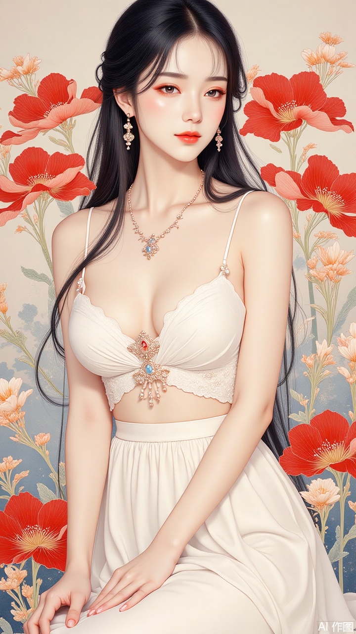 A highly detailed black sumi-e gongbi painting features a maiden with long hair, clad in a one-piece dress, in a solo composition. The artwork showcases her shoulders as she sits elegantly in a white skirt, her figure outlined down to the waist while gazing directly at the viewer. Jewels adorn her chest, and the vibrant, luminous color palette exalts the maiden's beauty. This piece stands as an in-depth exploration of perfection, masterfully crafted by a virtuoso, ensuring top-tier quality and ultra-high resolution..xingongbi,haotu