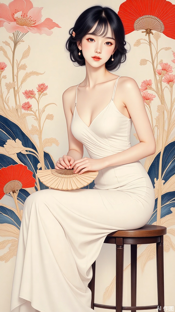 A highly detailed black sumi-e gongbi painting depicts a maiden with a bob haircut, seated on a stool. Clad in a white skirt, she holds a round paper fan in her hand and gazes directly at the viewer. The vibrant, luminous color palette exalts the maiden's beauty, showcasing her elegant demeanor. This piece stands as an in-depth exploration of perfection, masterfully crafted by a virtuoso, boasting top-tier quality and ultra-high resolution.xingongbi,haotu