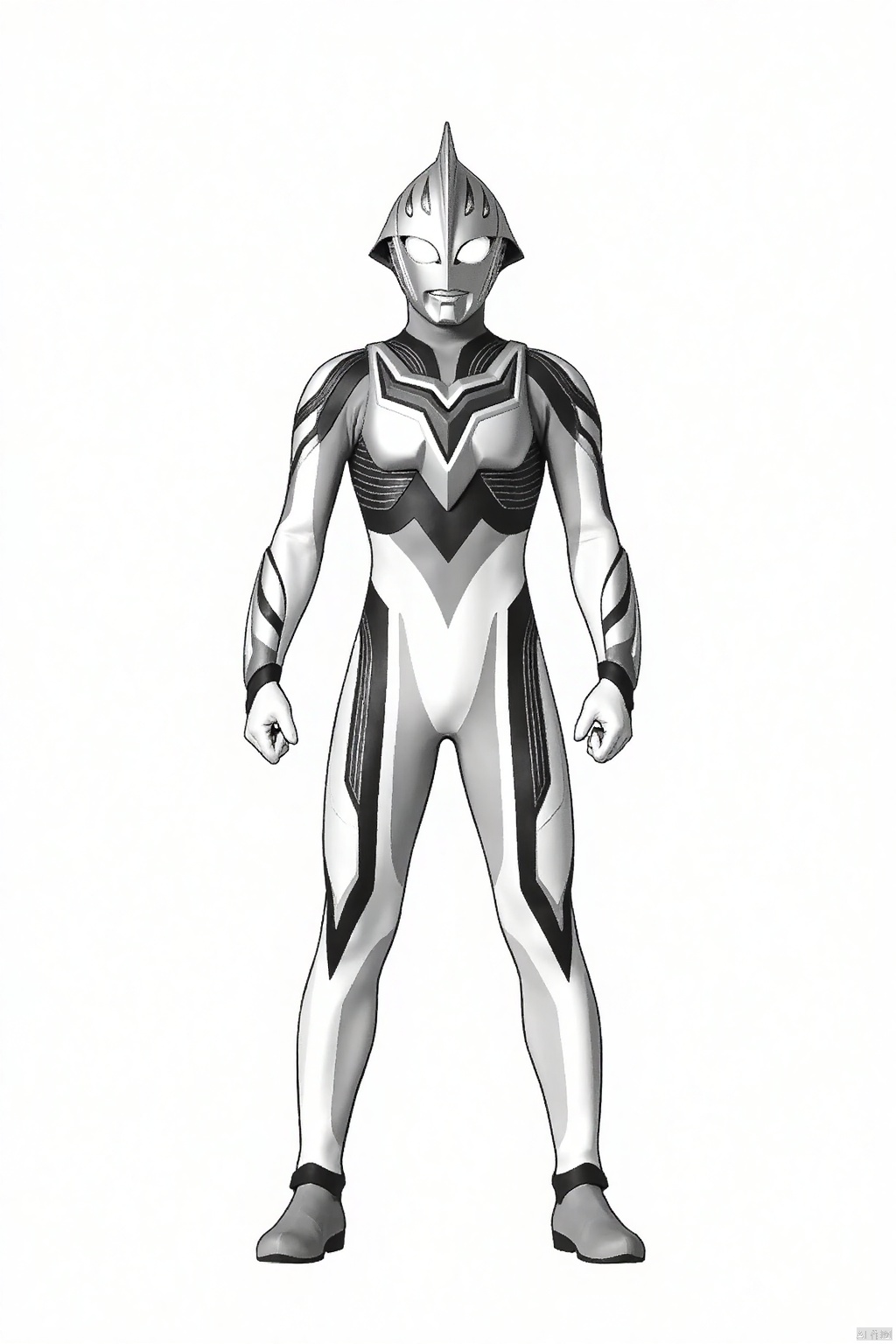 (grey background:1.2),looking at viewer,(SOLO:1.4),outline,simple background,full body,looking at viewer,(((arms at side))),traditional media,monochrome,sketch,ultraman,white bodysuit,white gloves,legwear,gloves,boots,cover,mask,plugsuit,armor,bodysuit,black pattern on body,grey pattern on body,white tight-fitting,white footwear,helmet,leather suit,latex,tokusatsu,no humans,science fiction,silver head,hard mask,no smile,no eyes,no nose,solo,silver rubber bodysuit with grey line and black line