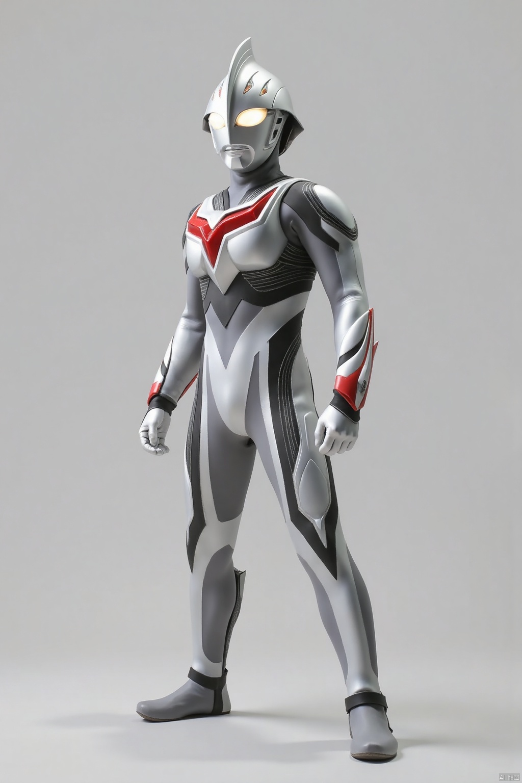 (grey background:1.2),looking at viewer,(SOLO:1.4),outline,simple background,full body,looking at viewer,(((arms at side))),ultraman,white bodysuit,white gloves,legwear,gloves,boots,cover,mask,plugsuit,armor,bodysuit,black pattern on body,grey pattern on body,white tight-fitting,white footwear,helmet,leather suit,latex,tokusatsu,no humans,science fiction,silver head,hard mask,no smile,no eyes,no nose,solo,silver rubber bodysuit with grey line and black line