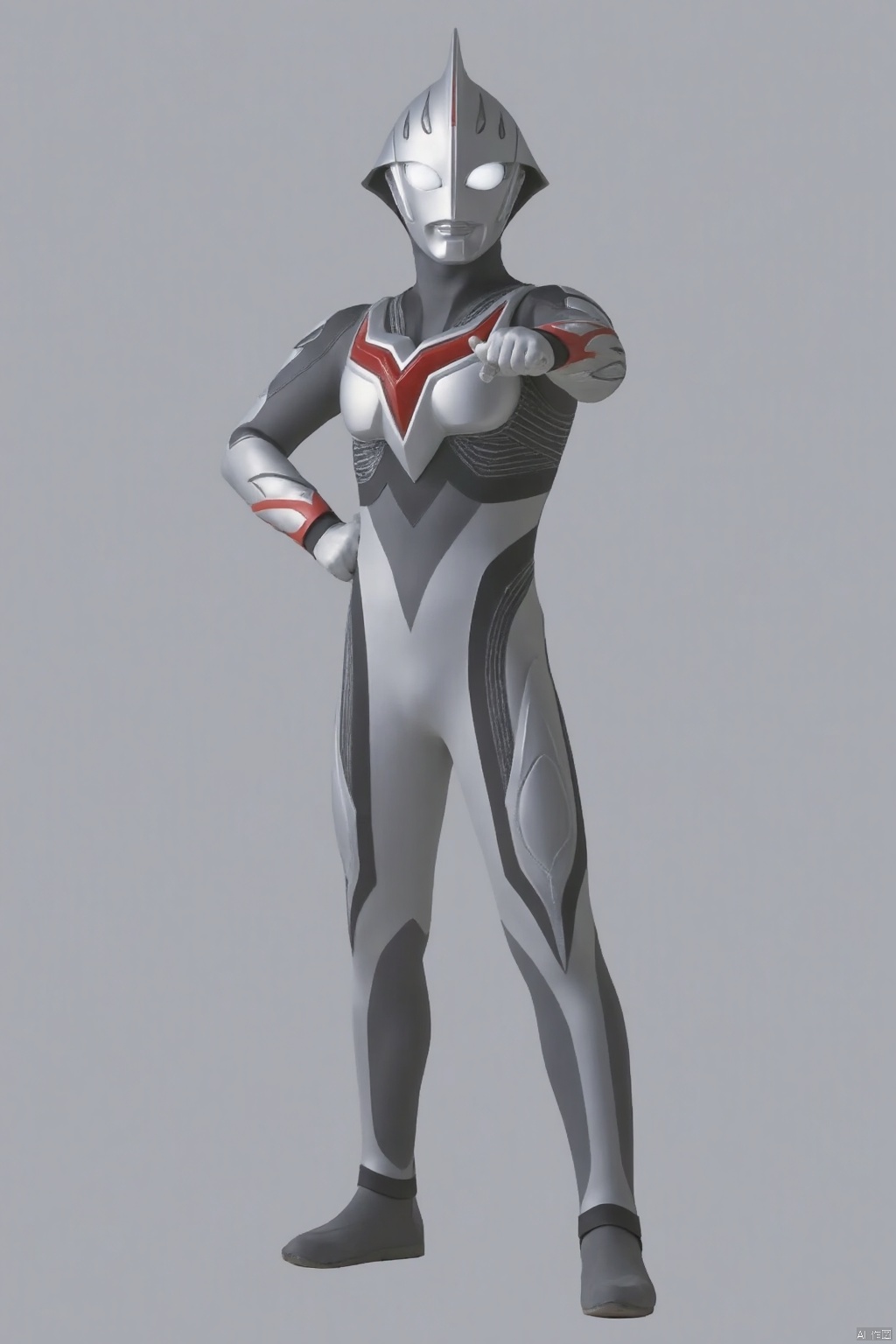 (grey background:1.2),looking at viewer,(SOLO:1.4),outline,simple background,full body,looking at viewer,(((arms at side))),ultraman,white bodysuit,white gloves,legwear,gloves,boots,cover,mask,plugsuit,armor,bodysuit,black pattern on body,grey pattern on body,white tight-fitting,white footwear,helmet,leather suit,latex,tokusatsu,no humans,science fiction,silver head,hard mask,no smile,no eyes,no nose,solo,silver rubber bodysuit with grey line and black line