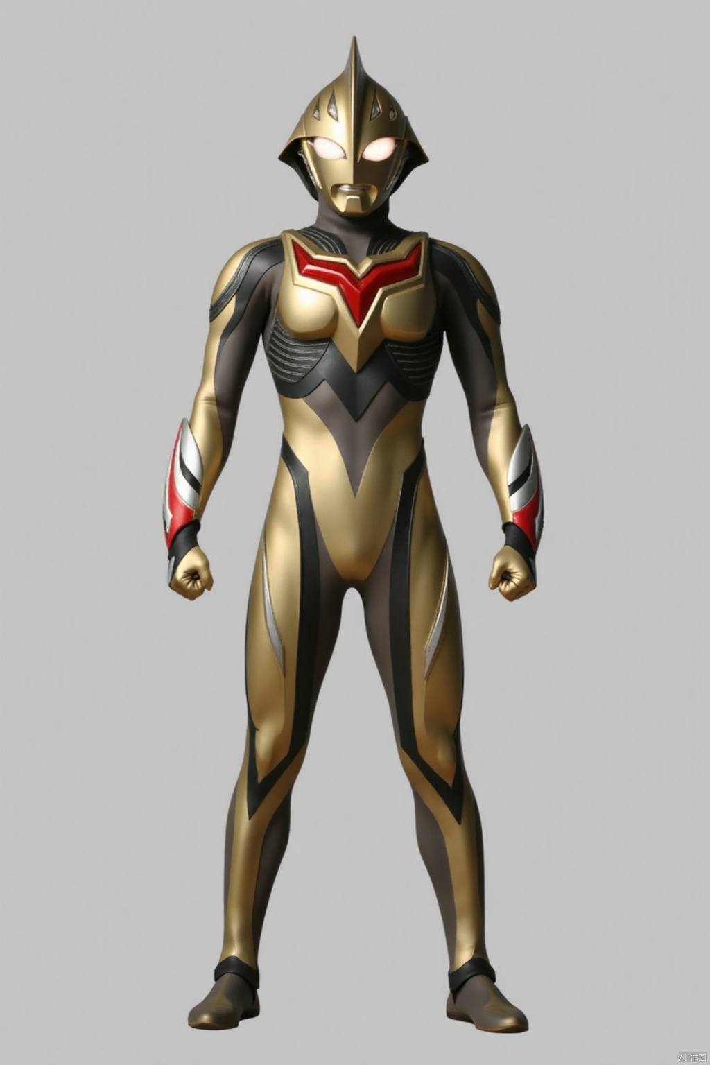 (grey background:1.2),looking at viewer,(SOLO:1.4),outline,simple background,full body,looking at viewer,(((arms at side))),ultraman noa,ultraman,golden bodysuit,golden gloves,legwear,gloves,boots,cover,mask,plugsuit,armor,bodysuit,black pattern on body,red pattern on body,golden tight-fitting,golden footwear,helmet,leather suit,latex,tokusatsu,no humans,science fiction,golden head,hard mask,no smile,no eyes,no nose,solo,golden rubber bodysuit with grey line and black line,golden wings