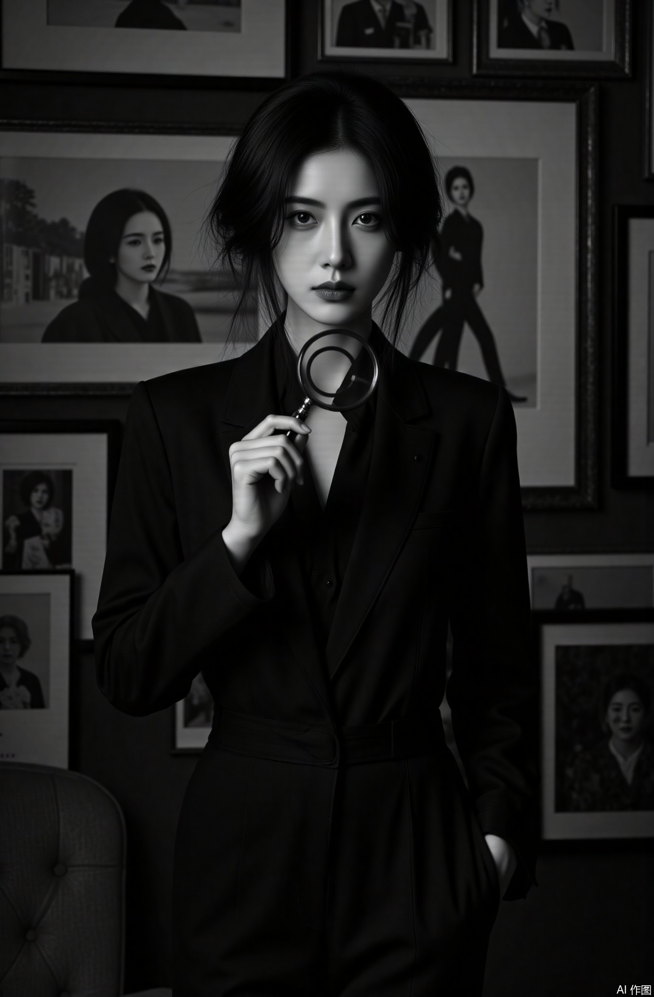 A vigilant female detective with subtle fingerprint - like tattoos and sharp, observant eyes, gripping a magnifying glass, stands against a high contrast black and white background in a cluttered investigation room. Dressed in a smart black suit, (Excellent quality, 4K, Ultra Clear, masterpiece: 1.2), with exquisite details, (actual shooting, photo - realistic, photo - real: 1.37), vigilant facial features, sophisticated suit design, Dramatic shadows, cinematic detective scenes, mysterious atmosphere, deep shadows, high contrast black and white, detectives, female sleuths, perceptive female characters.