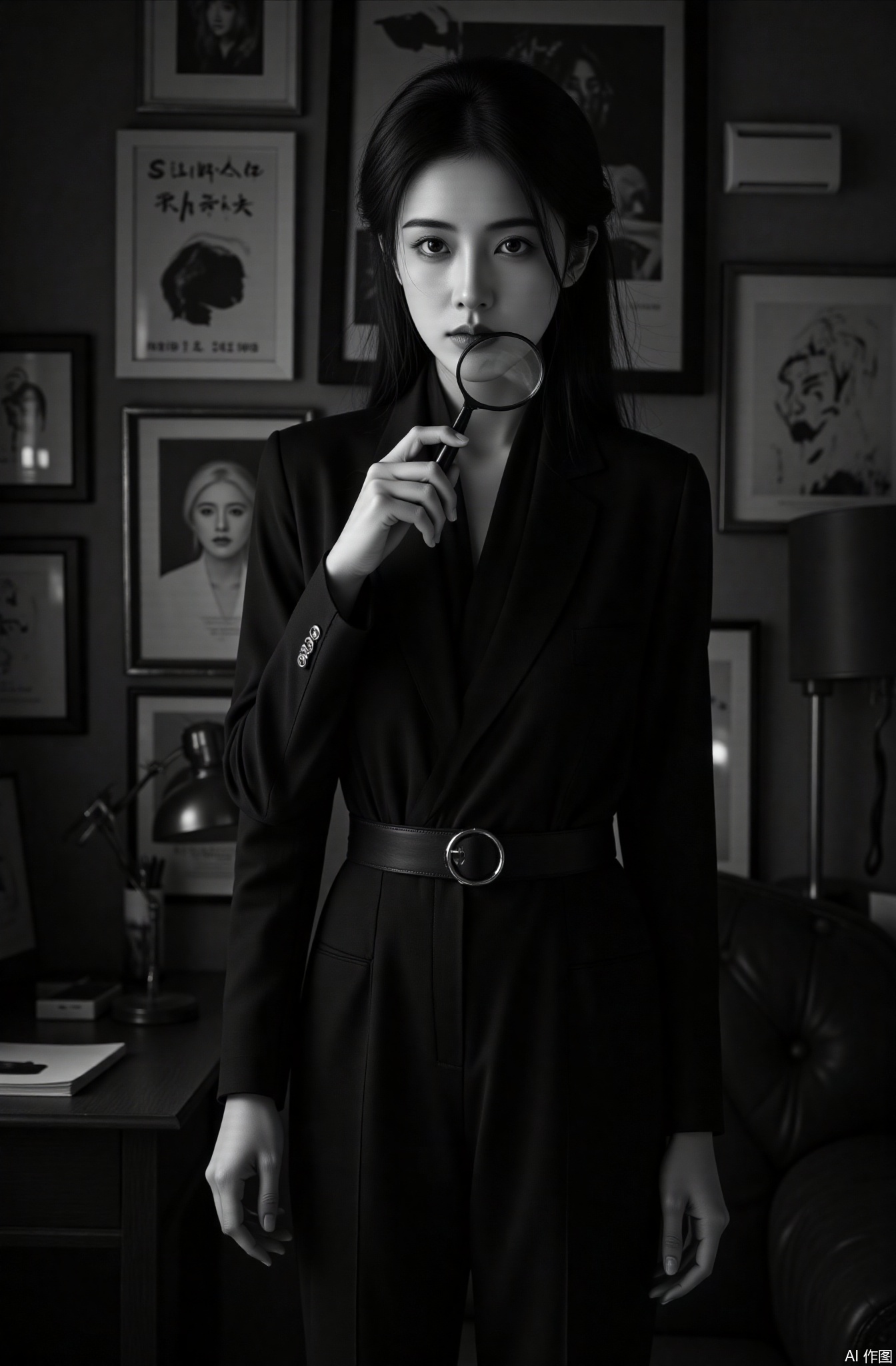 A vigilant female detective with subtle fingerprint - like tattoos and sharp, observant eyes, gripping a magnifying glass, stands against a high contrast black and white background in a cluttered investigation room. Dressed in a smart black suit, (Excellent quality, 4K, Ultra Clear, masterpiece: 1.2), with exquisite details, (actual shooting, photo - realistic, photo - real: 1.37), vigilant facial features, sophisticated suit design, Dramatic shadows, cinematic detective scenes, mysterious atmosphere, deep shadows, high contrast black and white, detectives, female sleuths, perceptive female characters.