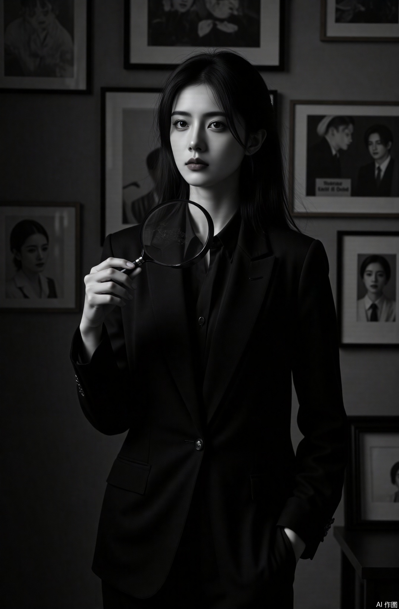 A vigilant female detective with subtle fingerprint - like tattoos and sharp, observant eyes, gripping a magnifying glass, stands against a high contrast black and white background in a cluttered investigation room. Dressed in a smart black suit, (Excellent quality, 4K, Ultra Clear, masterpiece: 1.2), with exquisite details, (actual shooting, photo - realistic, photo - real: 1.37), vigilant facial features, sophisticated suit design, Dramatic shadows, cinematic detective scenes, mysterious atmosphere, deep shadows, high contrast black and white, detectives, female sleuths, perceptive female characters.