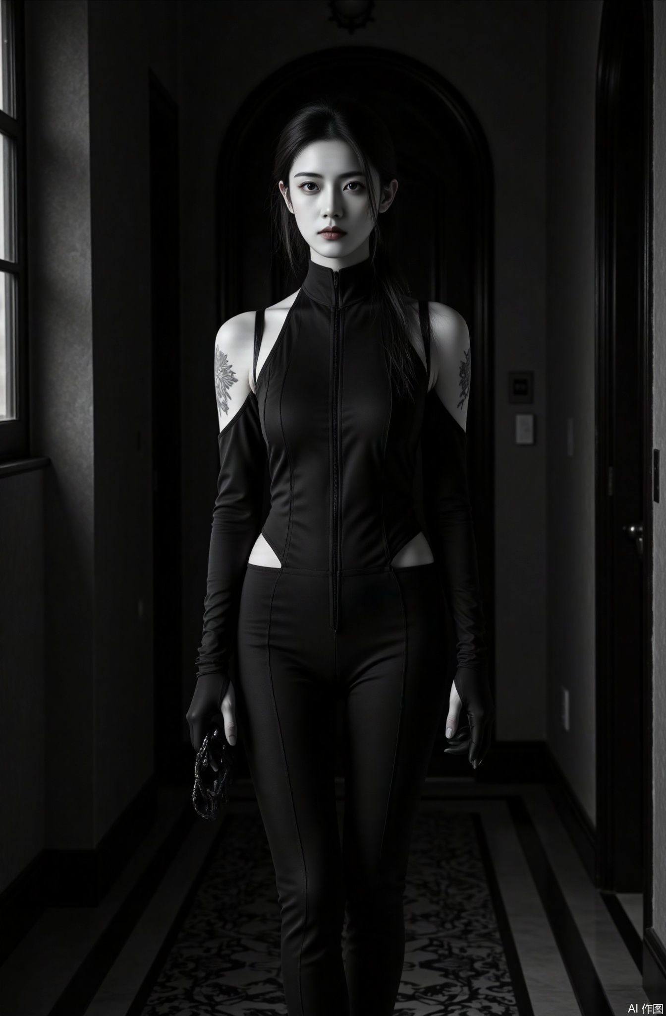 A wily female thief with delicate flower tattoos and sly, watchful eyes, holding a lock - picking tool, stands against a high contrast black and white background in a shadowy mansion corridor. Wearing a sleek black catsuit, (Excellent quality, 4K, Ultra Clear, masterpiece: 1.2), with exquisite details, (actual shooting, photo - realistic, photo - real: 1.37), wily facial features, intricate catsuit design, Dramatic shadows, cinematic thievery scenes, mysterious atmosphere, deep shadows, high contrast black and white, thieves, female burglars, crafty female characters.