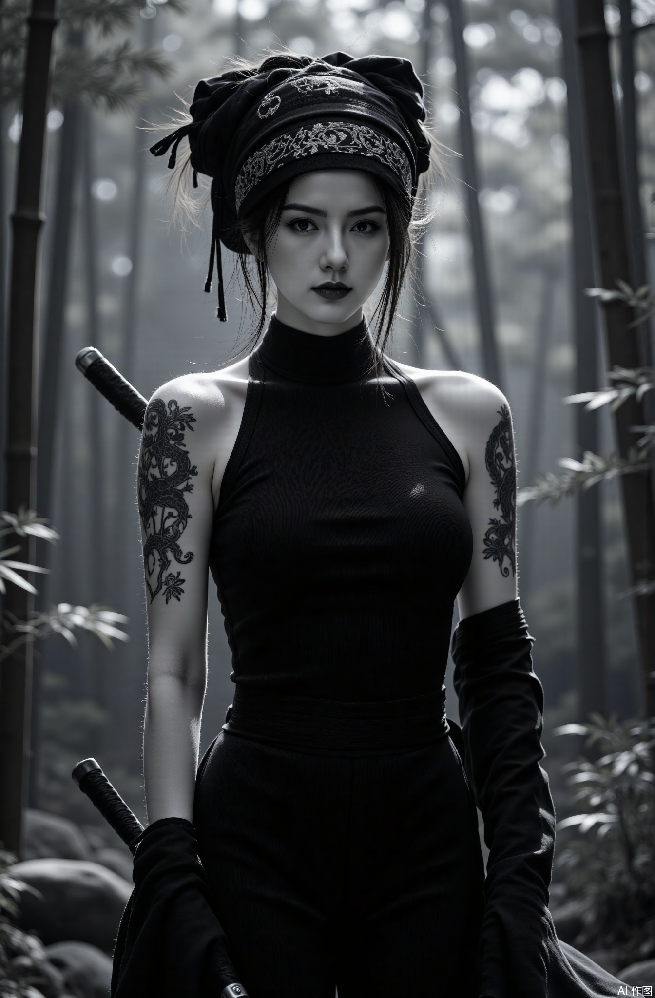 A cunning female ninja with vivid snake tattoos and sharp and mysterious eyes, holding a short sword, stands against a high contrast black and white background in the shadow of a bamboo forest, wearing a tight black ninja suit, (Excellent quality, 4K, Ultra Clear, masterpiece: 1.2), exquisite details, (actual shooting, photo-realistic, photo-real: 1.37), cunning facial features, complex ninja suit design, Dramatic shadows, cinematic stealth scenes, mysterious atmosphere, deep shadows, high contrast black and white, assassins, ninjas, witty female characters.