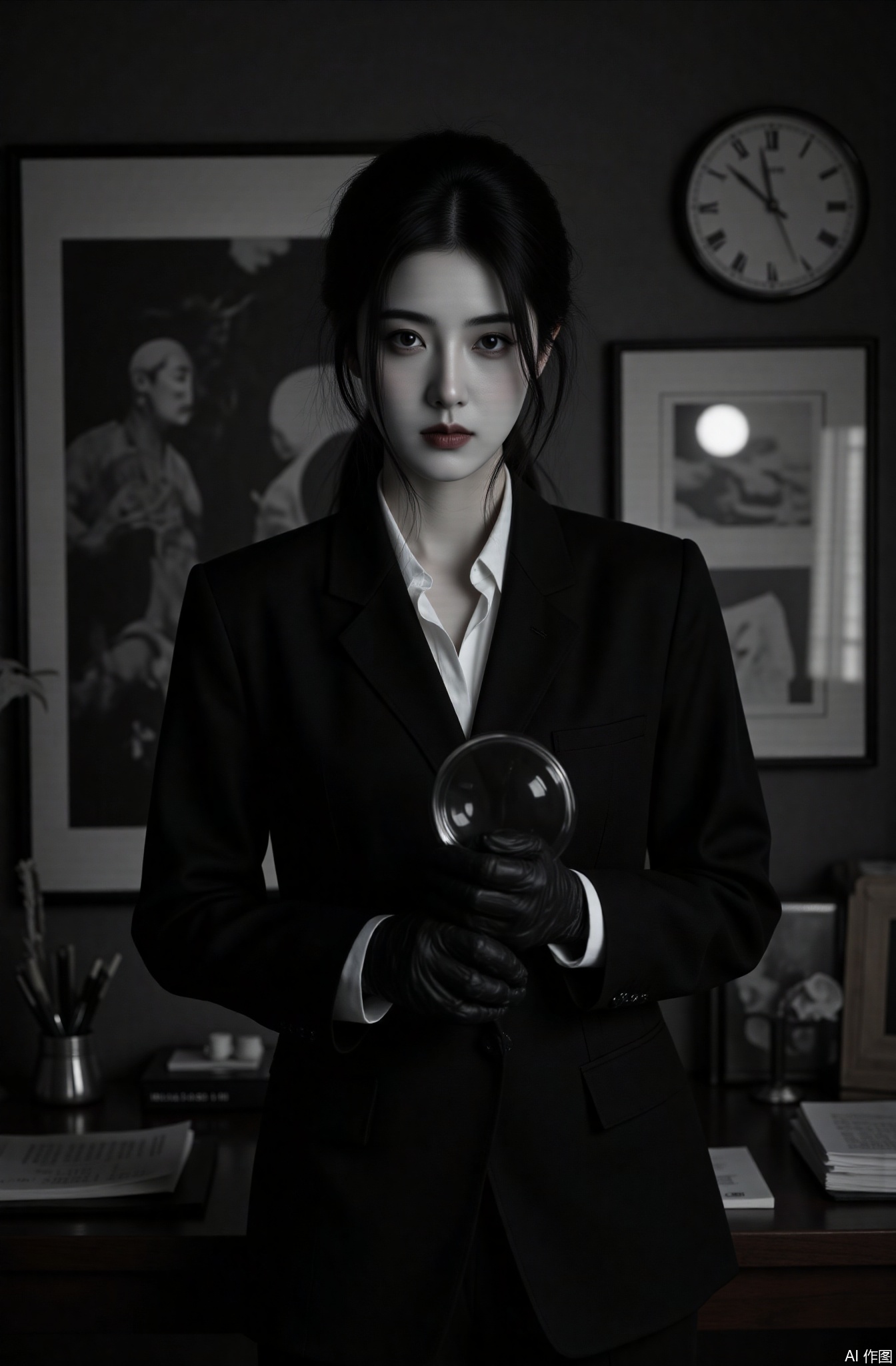 A vigilant female detective with subtle fingerprint - like tattoos and sharp, observant eyes, gripping a magnifying glass, stands against a high contrast black and white background in a cluttered investigation room. Dressed in a smart black suit, (Excellent quality, 4K, Ultra Clear, masterpiece: 1.2), with exquisite details, (actual shooting, photo - realistic, photo - real: 1.37), vigilant facial features, sophisticated suit design, Dramatic shadows, cinematic detective scenes, mysterious atmosphere, deep shadows, high contrast black and white, detectives, female sleuths, perceptive female characters.