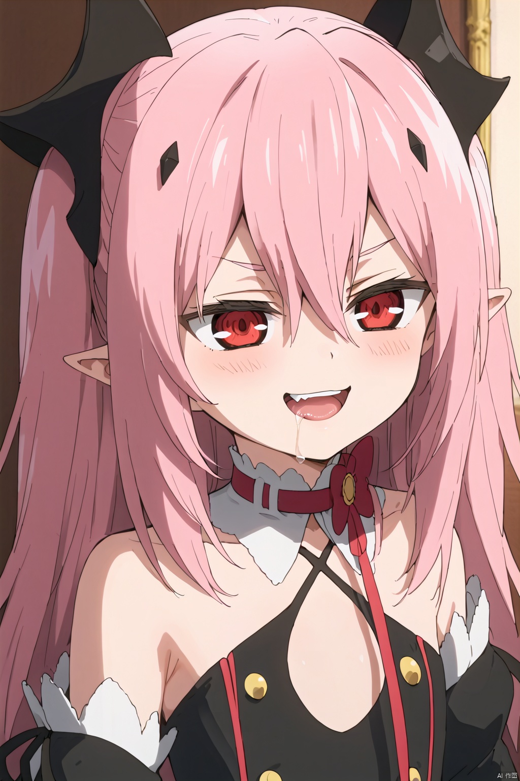 1girl,solo,long hair,red eyes,hair between eyes,pink hair,pointy ears,,flat_chest,black dress,(smug:1.3),saliva,open the mouth,