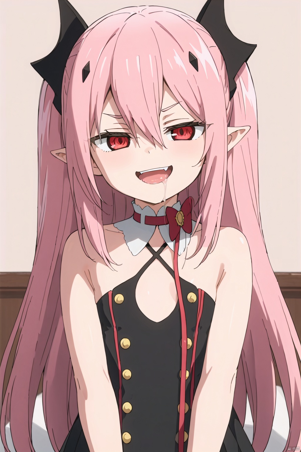 1girl,solo,long hair,red eyes,hair between eyes,pink hair,pointy ears,,flat_chest,black dress,(smug:1.3),saliva,open the mouth,