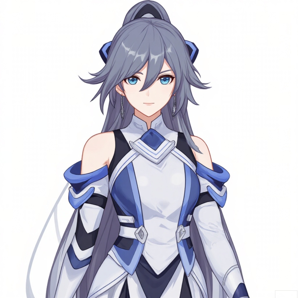 masterpiece, best quality,solo,(white background:1.2),simple background,
looking at viewer,fu_hua, fu_hua cgver, long hair, bangs,blue eyes, hair between eyes, ponytail, hair ornament, grey hair, blue hair,smile, earrings