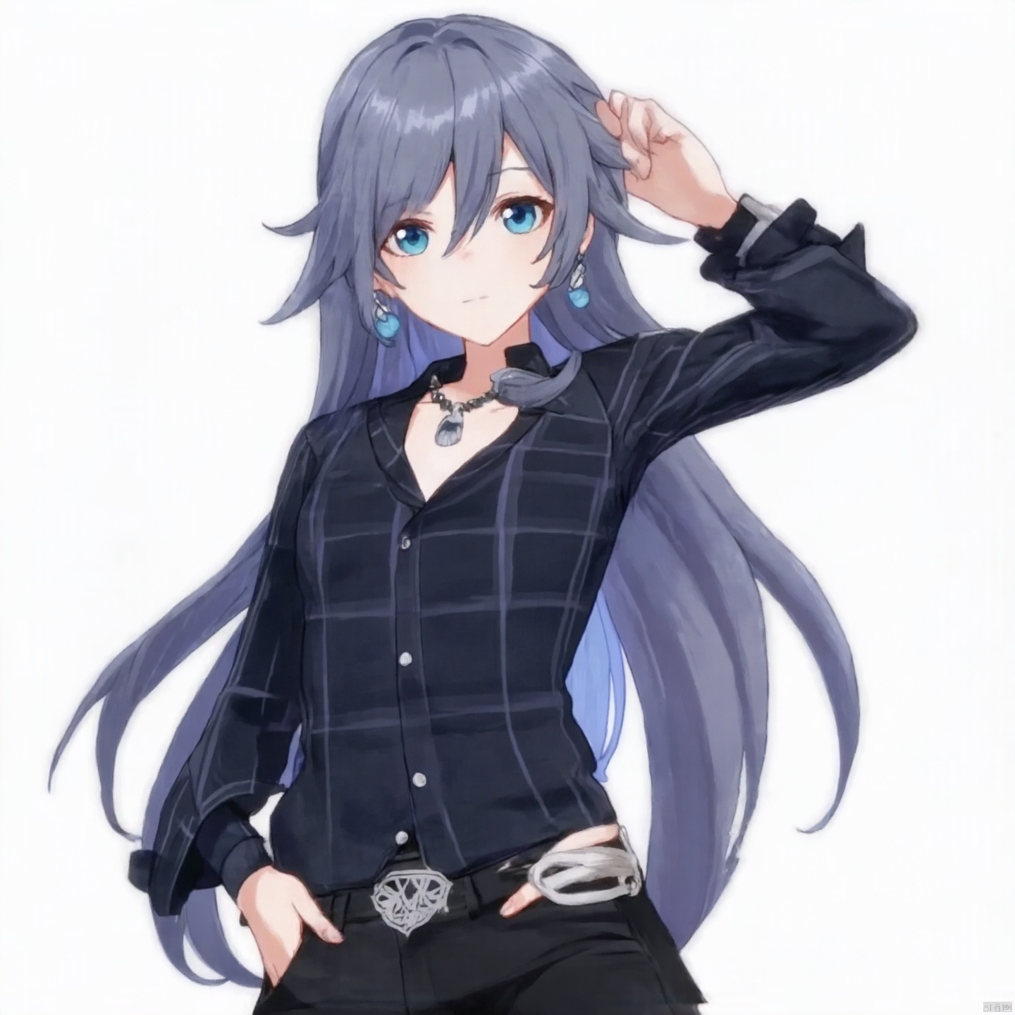 fu hua,fu hua cgver,long hair,bangs,blue eyes,hair between eyes,ponytail,hair ornament,grey hair,blue hair
1girl,solo,long hair,looking at viewer,blue eyes,simple background,shirt,long sleeves,white background,hair between eyes,jewelry,closed mouth,standing,grey hair,cowboy shot,earrings,open clothes,pants,necklace,grey eyes,plaid,black shirt,expressionless,piercing,ear piercing,hands in pockets,plaid shirt,fu_hua, fu_hua cgver, long hair, bangs, hair between eyes, ponytail, grey hair, blue hair,smile, earrings