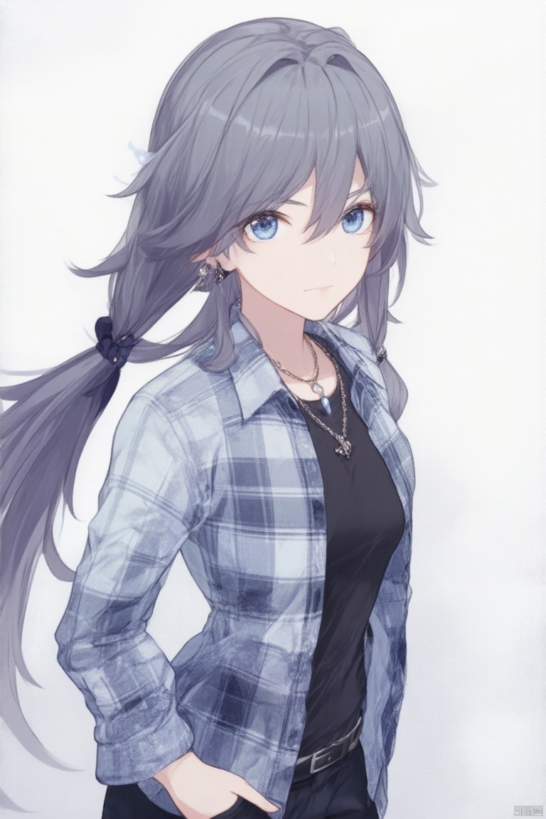 fu hua,fu hua cgver,long hair,bangs,blue eyes,hair between eyes,ponytail,hair ornament,grey hair,blue hair
1girl,solo,long hair,looking at viewer,blue eyes,simple background,shirt,long sleeves,white background,hair between eyes,jewelry,closed mouth,standing,grey hair,cowboy shot,earrings,open clothes,pants,necklace,grey eyes,plaid,black shirt,expressionless,piercing,ear piercing,hands in pockets,plaid shirt,fu_hua, fu_hua cgver, long hair, bangs, hair between eyes, ponytail, grey hair, blue hair,smile, earrings