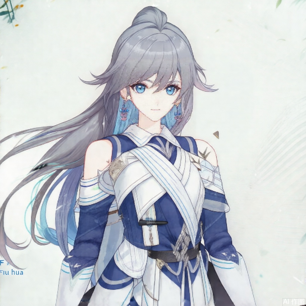 masterpiece, best quality,solo,(white background:1.2),simple background,
looking at viewer,fu_hua, fu_hua cgver, long hair, bangs,blue eyes, hair between eyes, ponytail,hair ornament, grey hair, blue hair