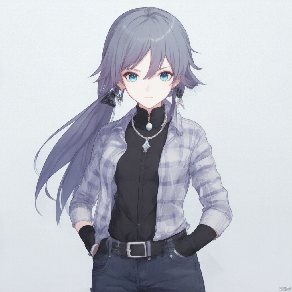 fu hua,fu hua cgver,long hair,bangs,blue eyes,hair between eyes,ponytail,hair ornament,grey hair,blue hair
1girl,solo,long hair,looking at viewer,blue eyes,simple background,shirt,long sleeves,white background,hair between eyes,jewelry,closed mouth,standing,grey hair,cowboy shot,earrings,open clothes,pants,necklace,grey eyes,plaid,black shirt,expressionless,piercing,ear piercing,hands in pockets,plaid shirt,fu_hua, fu_hua cgver, long hair, bangs, hair between eyes, ponytail, grey hair, blue hair,smile, earrings