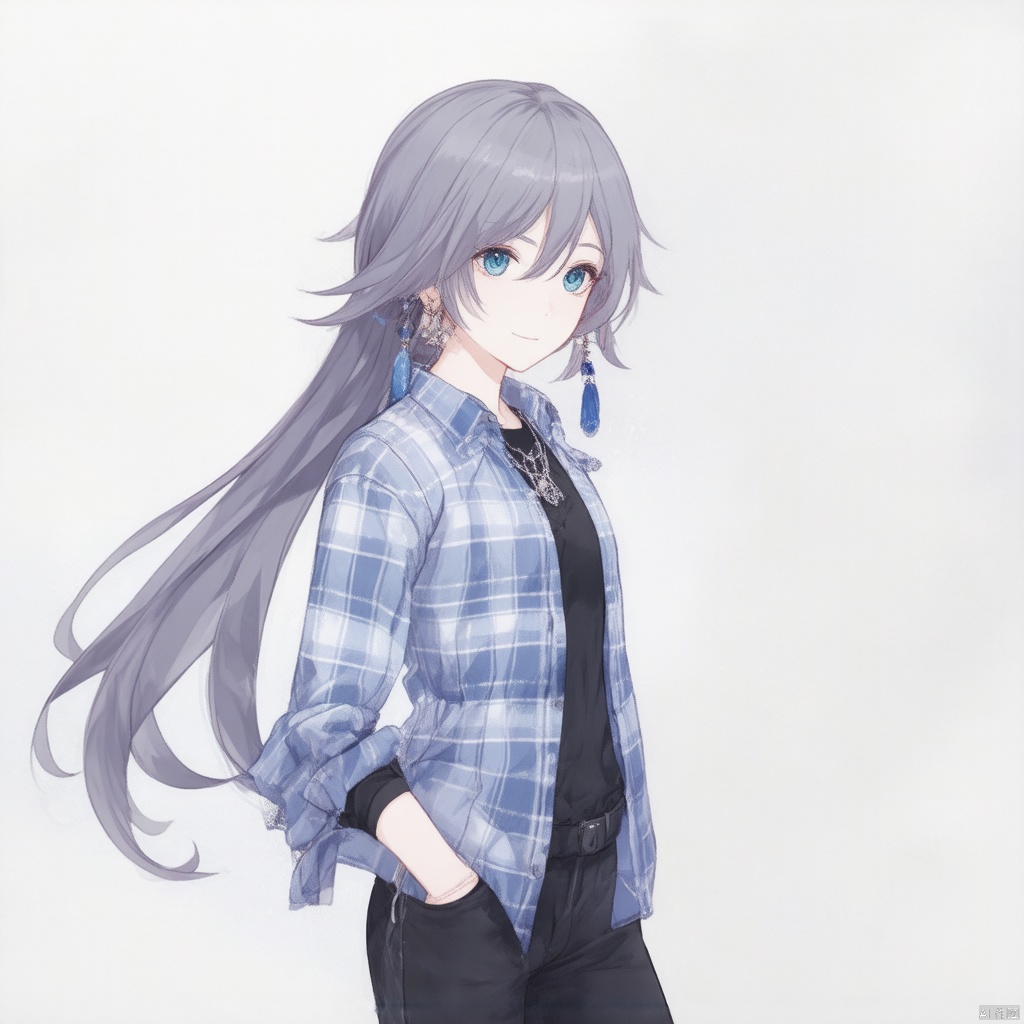 fu hua,fu hua cgver,long hair,bangs,blue eyes,hair between eyes,ponytail,hair ornament,grey hair,blue hair
1girl,solo,long hair,looking at viewer,blue eyes,simple background,shirt,long sleeves,white background,hair between eyes,jewelry,closed mouth,standing,grey hair,cowboy shot,earrings,open clothes,pants,necklace,grey eyes,plaid,black shirt,expressionless,piercing,ear piercing,hands in pockets,plaid shirt,fu_hua, fu_hua cgver, long hair, bangs, hair between eyes, ponytail, grey hair, blue hair,smile, earrings
