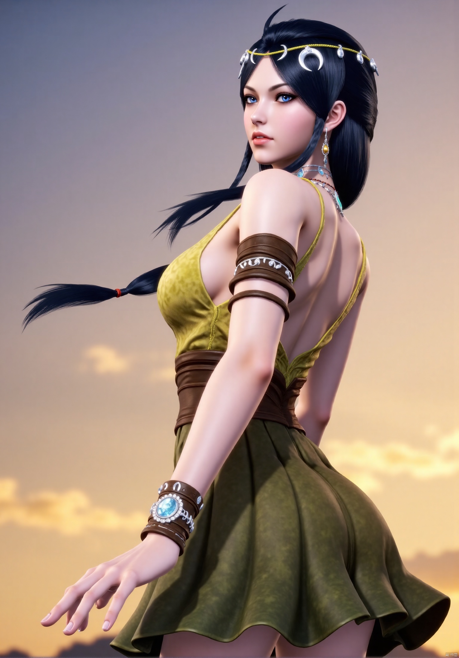 1girl, solo, long hair, looking at viewer, blue eyes, skirt, black hair, hair ornament, jewelry, braid, looking back, armlet,AL