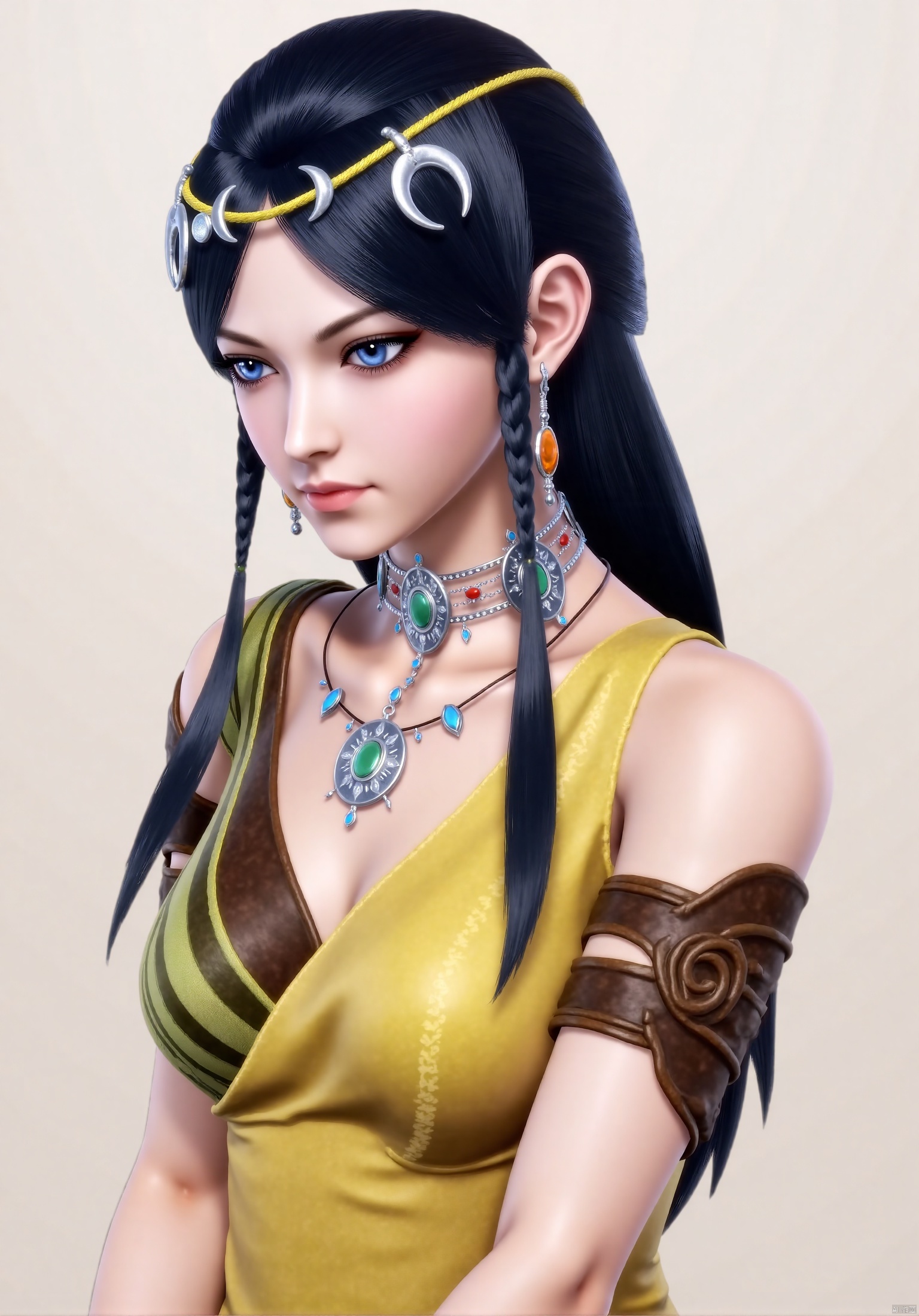 1girl, solo, long hair, blue eyes, black hair, hair ornament, dress, jewelry, upper body, necklace, looking to the side, armlet,AL