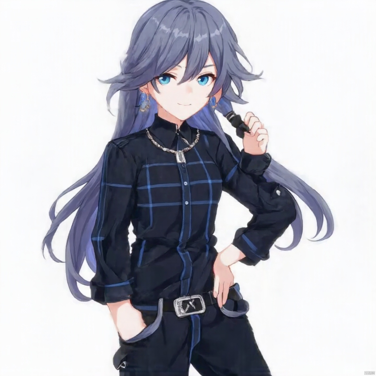 fu hua,fu hua cgver,long hair,bangs,blue eyes,hair between eyes,ponytail,hair ornament,grey hair,blue hair
1girl,solo,long hair,looking at viewer,blue eyes,simple background,shirt,long sleeves,white background,hair between eyes,jewelry,closed mouth,standing,grey hair,cowboy shot,earrings,open clothes,pants,necklace,grey eyes,plaid,black shirt,expressionless,piercing,ear piercing,hands in pockets,plaid shirt,fu_hua, fu_hua cgver, long hair, bangs, hair between eyes, ponytail, grey hair, blue hair,smile, earrings