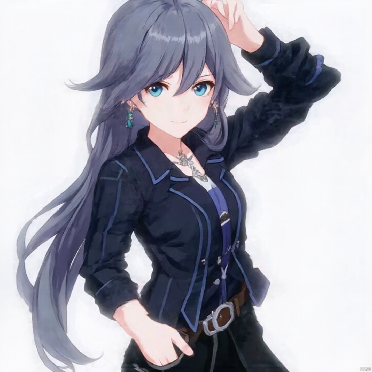 fu hua,fu hua cgver,long hair,bangs,blue eyes,hair between eyes,ponytail,hair ornament,grey hair,blue hair
1girl,solo,long hair,looking at viewer,blue eyes,simple background,shirt,long sleeves,white background,hair between eyes,jewelry,closed mouth,standing,grey hair,cowboy shot,earrings,open clothes,pants,necklace,grey eyes,plaid,black shirt,expressionless,piercing,ear piercing,hands in pockets,plaid shirt,fu_hua, fu_hua cgver, long hair, bangs, hair between eyes, ponytail, grey hair, blue hair,smile, earrings