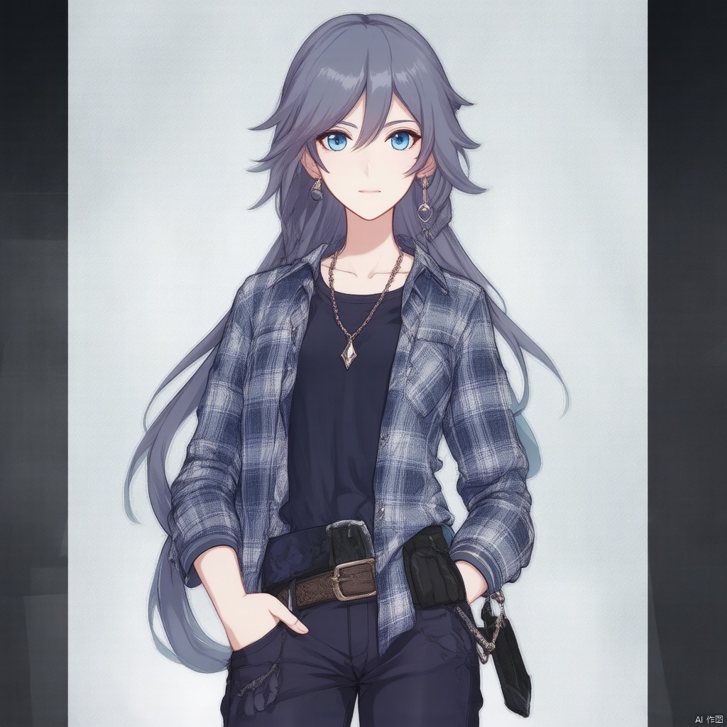fu hua,fu hua cgver,long hair,bangs,blue eyes,hair between eyes,ponytail,hair ornament,grey hair,blue hair
1girl,solo,long hair,looking at viewer,blue eyes,simple background,shirt,long sleeves,white background,hair between eyes,jewelry,closed mouth,standing,grey hair,cowboy shot,earrings,open clothes,pants,necklace,grey eyes,plaid,black shirt,expressionless,piercing,ear piercing,hands in pockets,plaid shirt,fu_hua, fu_hua cgver, long hair, bangs, hair between eyes, ponytail, grey hair, blue hair,smile, earrings