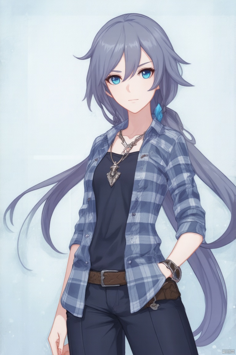 fu hua,fu hua cgver,long hair,bangs,blue eyes,hair between eyes,ponytail,hair ornament,grey hair,blue hair
1girl,solo,long hair,looking at viewer,blue eyes,simple background,shirt,long sleeves,white background,hair between eyes,jewelry,closed mouth,standing,grey hair,cowboy shot,earrings,open clothes,pants,necklace,grey eyes,plaid,black shirt,expressionless,piercing,ear piercing,hands in pockets,plaid shirt,fu_hua, fu_hua cgver, long hair, bangs, hair between eyes, ponytail, grey hair, blue hair,smile, earrings