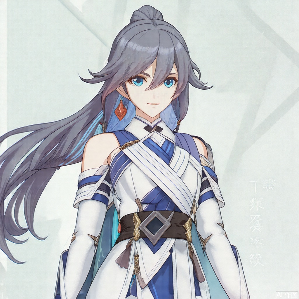 masterpiece, best quality,solo,(white background:1.2),simple background,
looking at viewer,fu_hua, fu_hua cgver, long hair, bangs,blue eyes, hair between eyes, ponytail,hair ornament, grey hair, blue hair