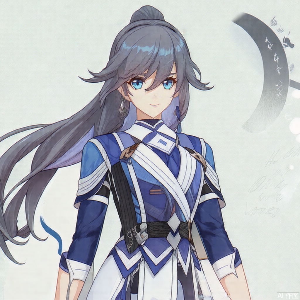 masterpiece, best quality,solo,(white background:1.2),simple background,
looking at viewer,fu_hua, fu_hua cgver, long hair, bangs,blue eyes, hair between eyes, ponytail,hair ornament, grey hair, blue hair