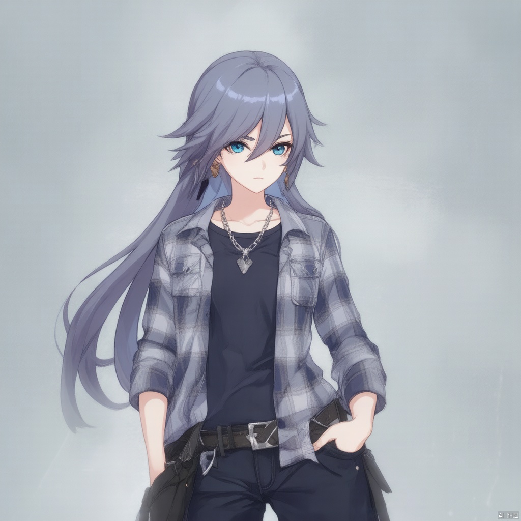 fu hua,fu hua cgver,long hair,bangs,blue eyes,hair between eyes,ponytail,hair ornament,grey hair,blue hair
1girl,solo,long hair,looking at viewer,blue eyes,simple background,shirt,long sleeves,white background,hair between eyes,jewelry,closed mouth,standing,grey hair,cowboy shot,earrings,open clothes,pants,necklace,grey eyes,plaid,black shirt,expressionless,piercing,ear piercing,hands in pockets,plaid shirt,fu_hua, fu_hua cgver, long hair, bangs, hair between eyes, ponytail, grey hair, blue hair,smile, earrings