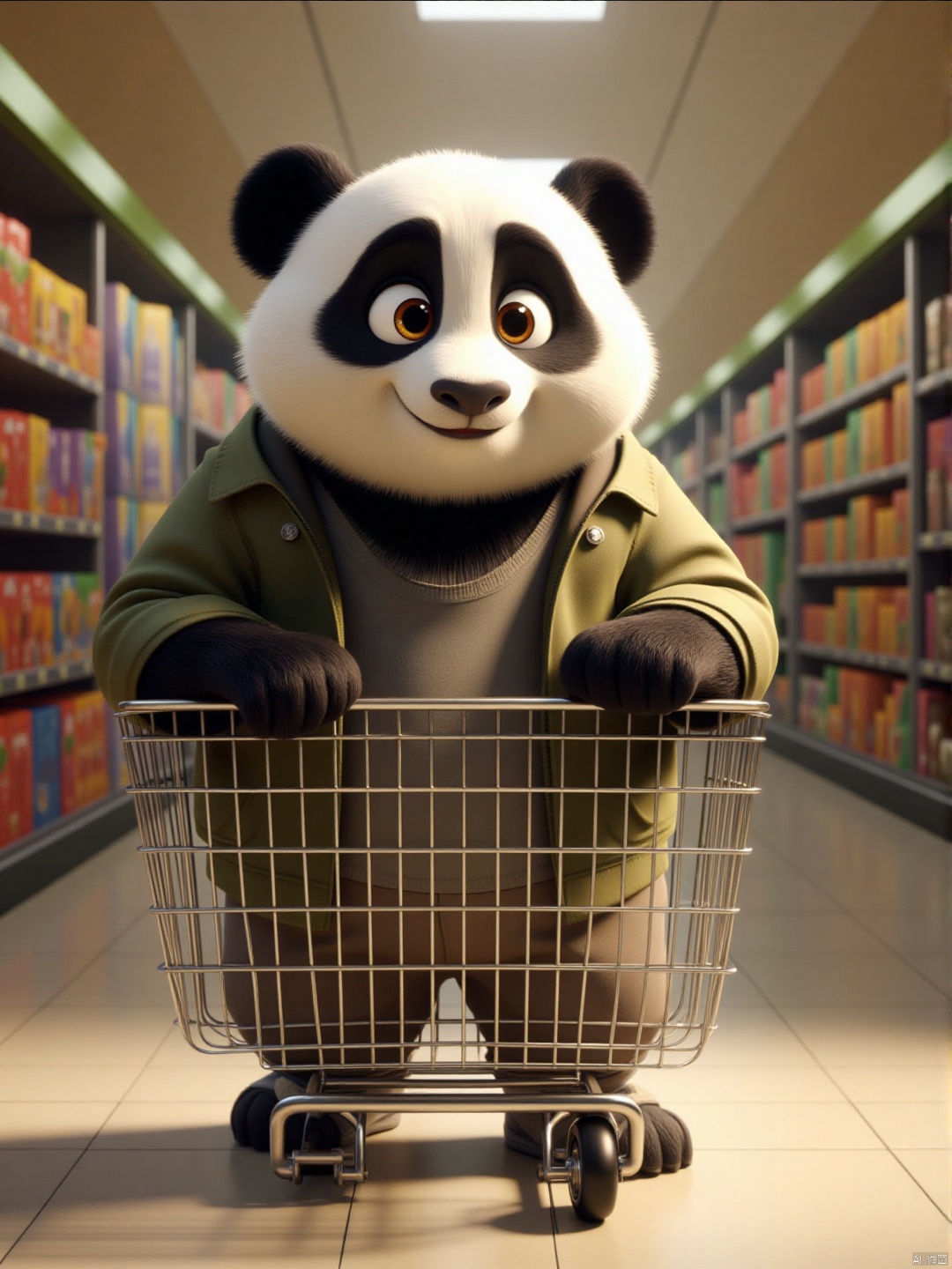 The panda is dressed in casual clothes and shopping in the supermarket
