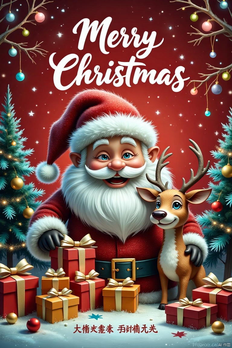 Made with clear candy,This is a Christmas poster full of festive atmosphere., The background of the poster is red,giving people a warm and festive feeling. Above the poster,there is the white word "Merry Christmas" in English,and the font design is lively and festive., In the center of the poster,there is an image of Santa Claus wearing a red and white hat. His face is kind,with a kind smile. There is a reindeer next to Santa Claus. Its horns are very conspicuous,its color is light brown,and its expression is very cute., In front of Santa Claus and reindeer,there are piles of beautifully packaged gift boxes. Gift boxes have different colors,such as red,orange and brown,and each gift box is tied with beautiful bows,which adds to the festive atmosphere., On the right side of the reindeer,there is a Christmas tree decorated with colored balls and yellow bows,and red decorations are hung on the tree,which further strengthens the theme of Christmas., There is a line of Chinese characters at the bottom of the poster: "Every beauty deserves sincere treatment",which conveys a warm and beautiful emotion., The whole poster creates a strong Christmas atmosphere through bright colors,lovely images and warm words.,,Made with clear candy,