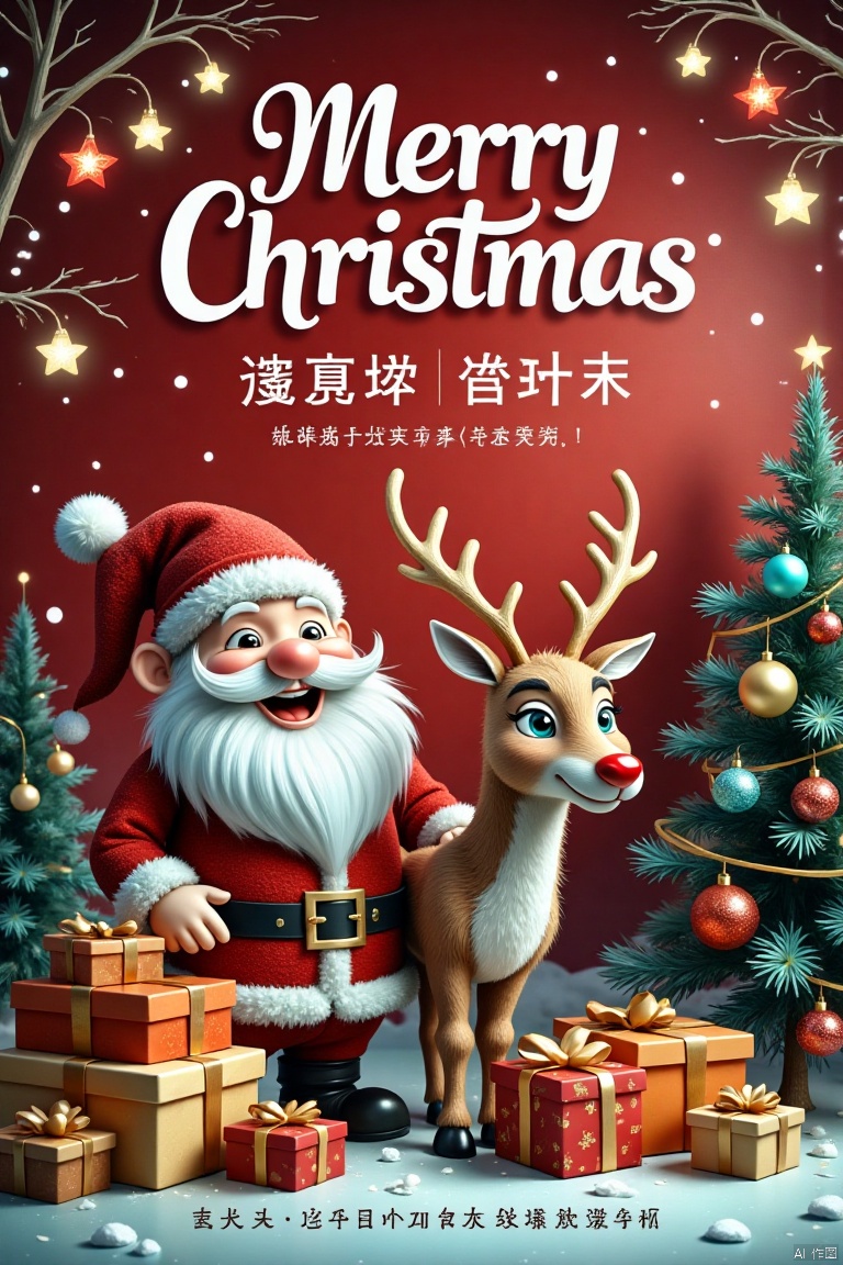 Made with clear candy,This is a Christmas poster full of festive atmosphere., The background of the poster is red,giving people a warm and festive feeling. Above the poster,there is the white word "Merry Christmas" in English,and the font design is lively and festive., In the center of the poster,there is an image of Santa Claus wearing a red and white hat. His face is kind,with a kind smile. There is a reindeer next to Santa Claus. Its horns are very conspicuous,its color is light brown,and its expression is very cute., In front of Santa Claus and reindeer,there are piles of beautifully packaged gift boxes. Gift boxes have different colors,such as red,orange and brown,and each gift box is tied with beautiful bows,which adds to the festive atmosphere., On the right side of the reindeer,there is a Christmas tree decorated with colored balls and yellow bows,and red decorations are hung on the tree,which further strengthens the theme of Christmas., There is a line of Chinese characters at the bottom of the poster: "Every beauty deserves sincere treatment",which conveys a warm and beautiful emotion., The whole poster creates a strong Christmas atmosphere through bright colors,lovely images and warm words.,,Made with clear candy,